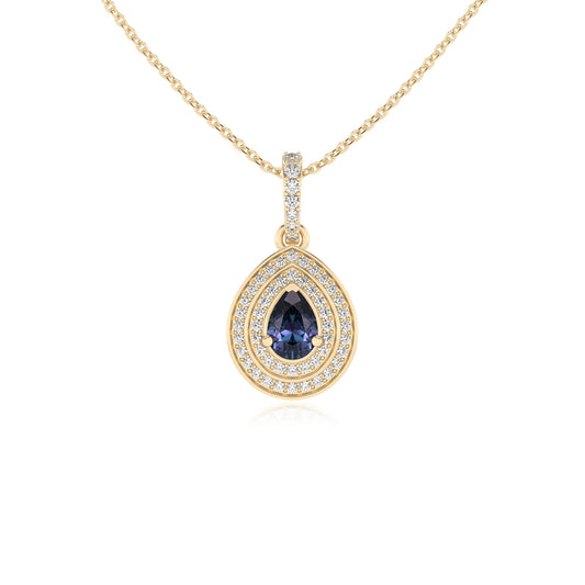 lab grown alexandrite pear halo necklaces in yellow gold 