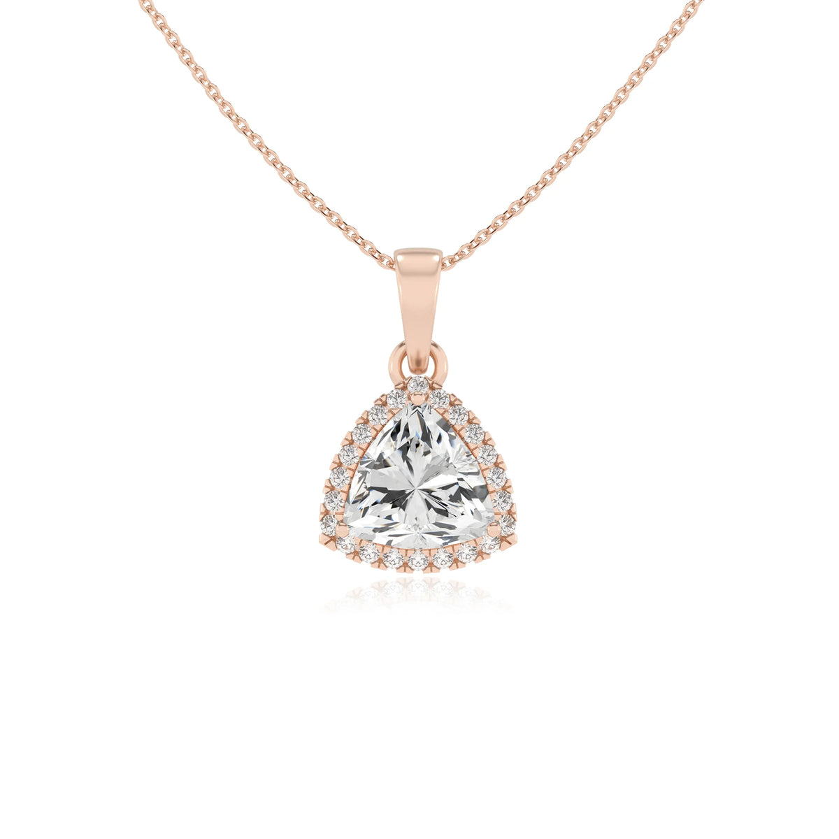 lab grown moissanite trillion solitaire necklaces in rose gold 
