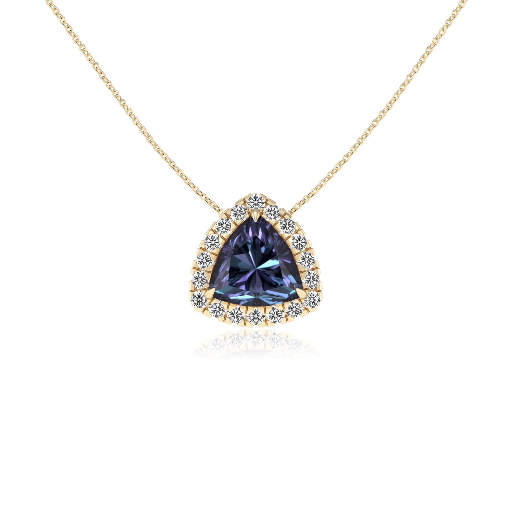 lab grown alexandrite trillion solitaire necklaces in yellow gold 