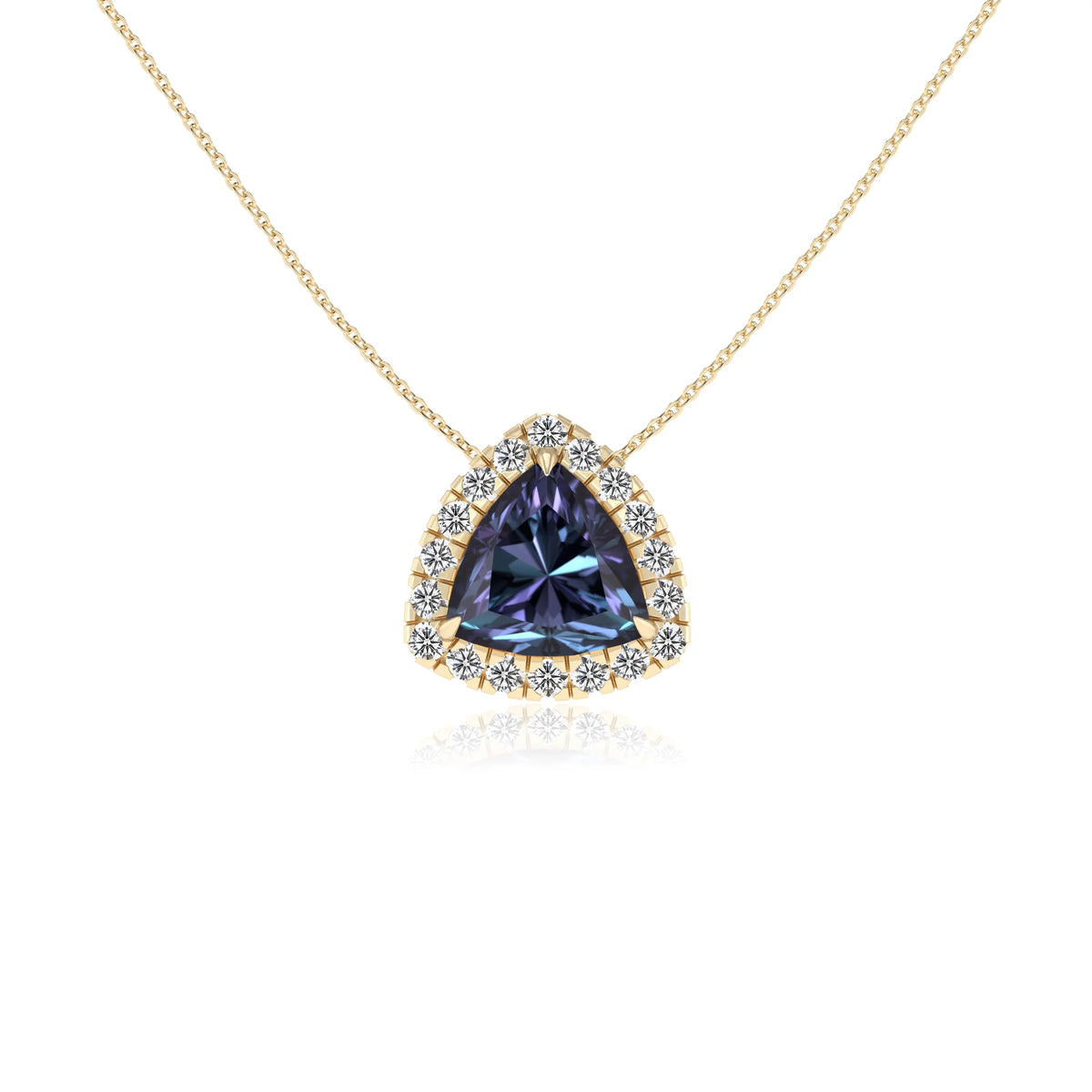 lab grown alexandrite trillion solitaire necklaces in yellow gold 