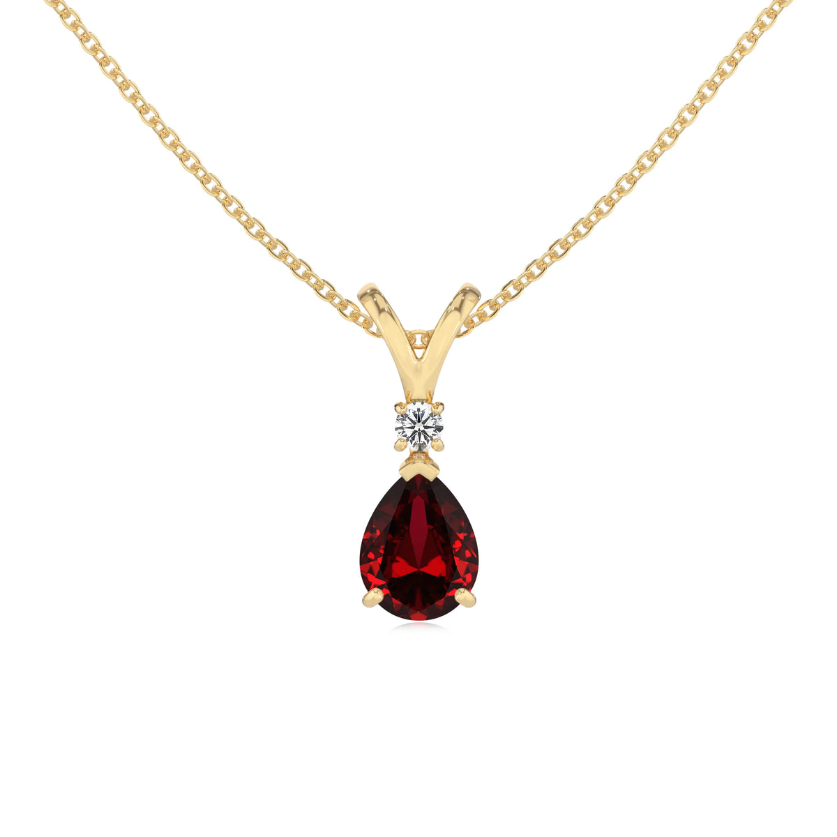 lab grown ruby pear solitaire v-bale necklaces in yellow gold 