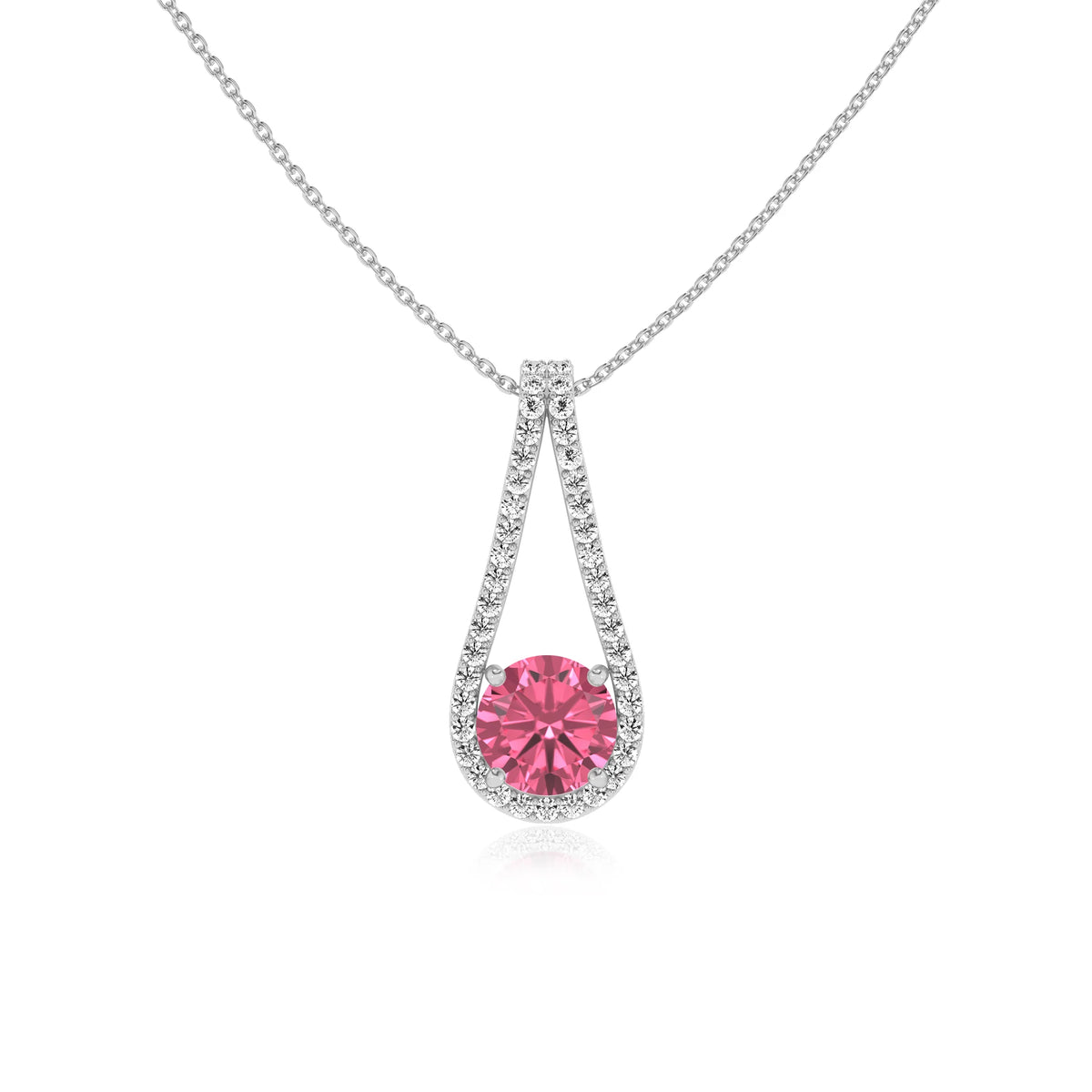 lab grown pink-tourmaline round solitaire v-bale necklaces in platinum 
