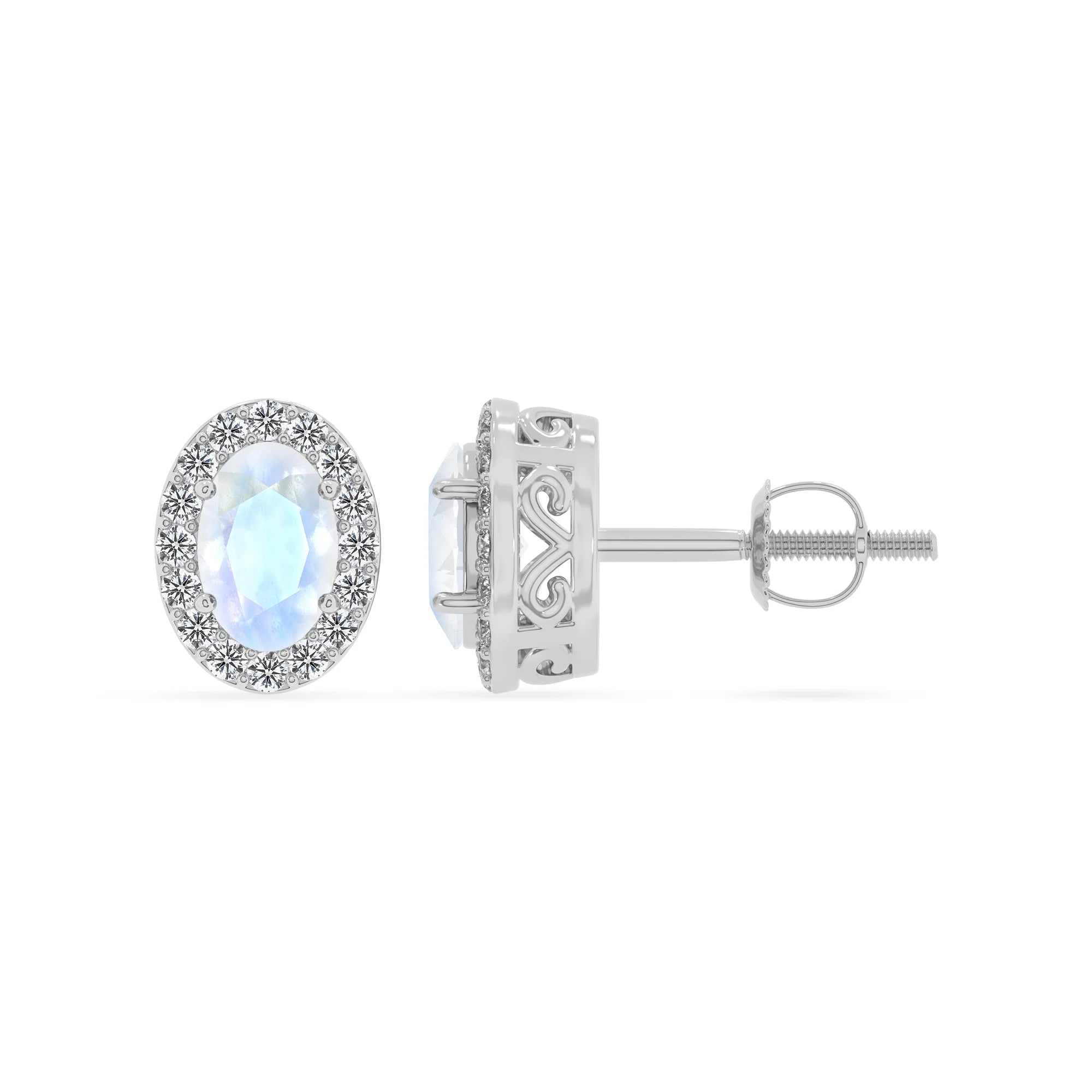natural rainbow moonstone oval stud earrings in white gold 