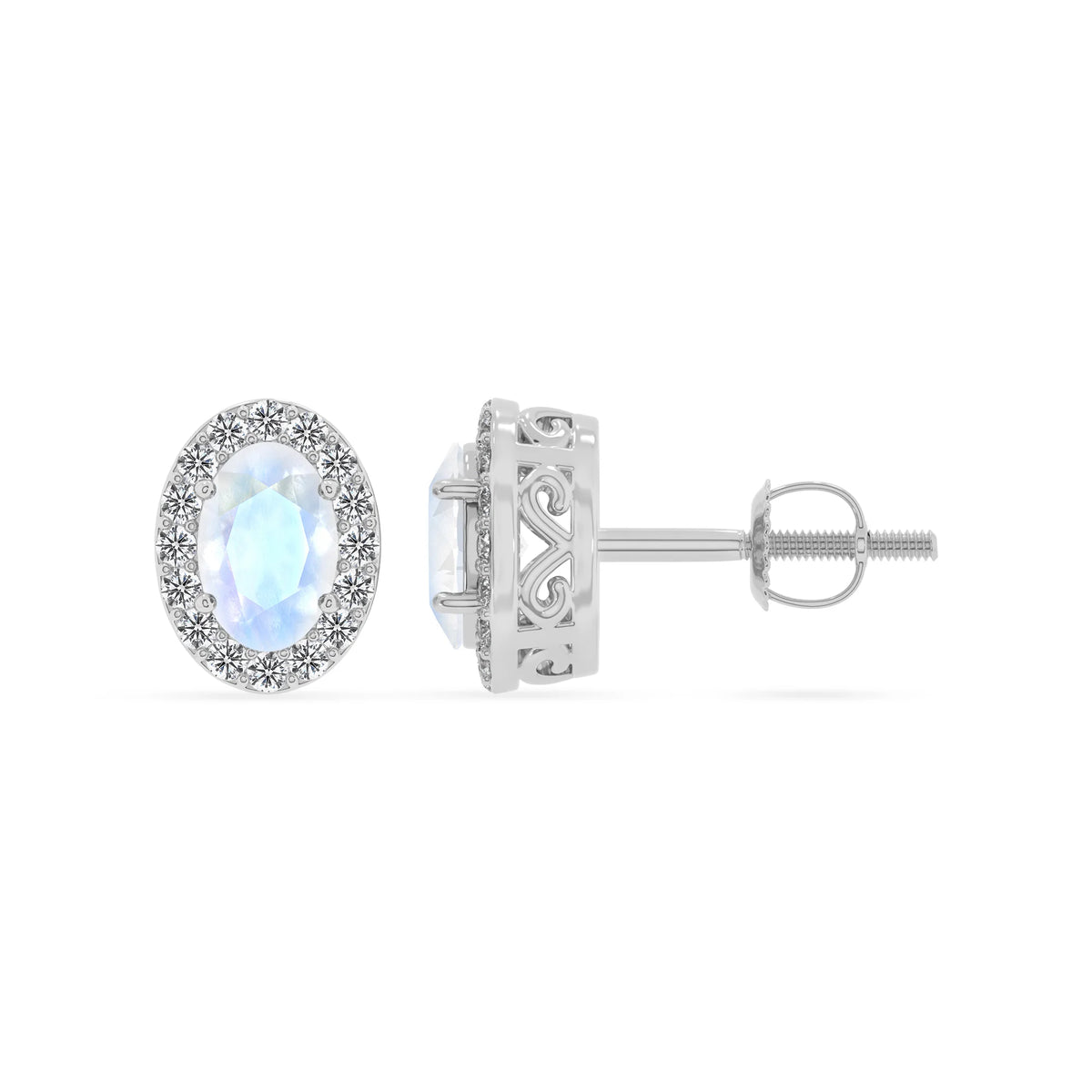natural rainbow moonstone oval stud earrings in white gold 