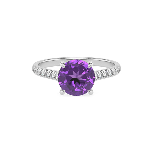 lab grown amethyst round half eternity solitaire engagement rings in white gold 