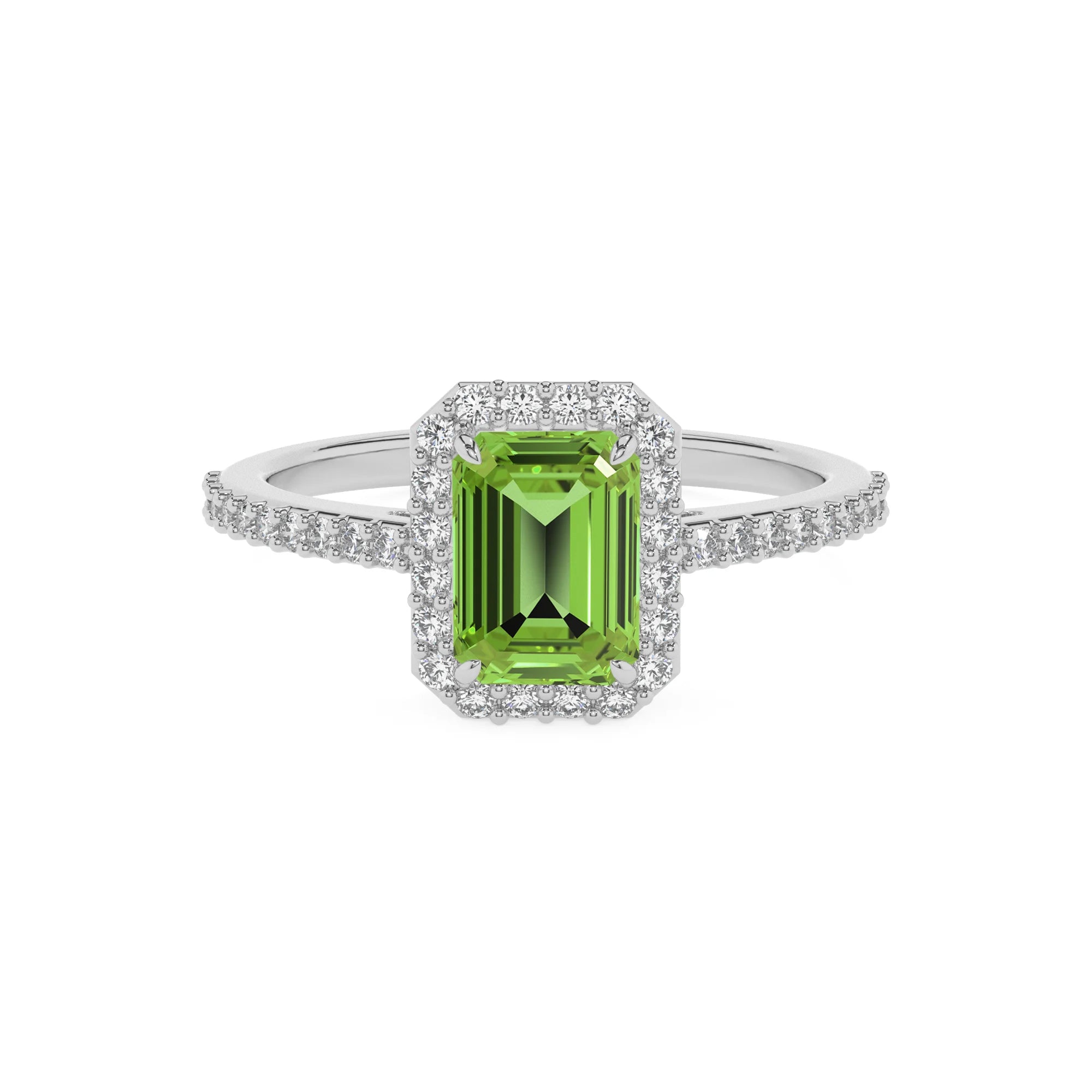 natural peridot emerald cut solitaire rings in white gold 