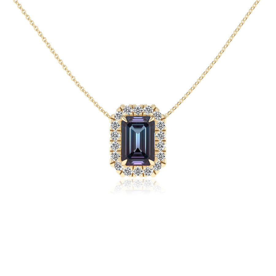 lab grown alexandrite emerald cut solitaire necklaces in yellow gold 