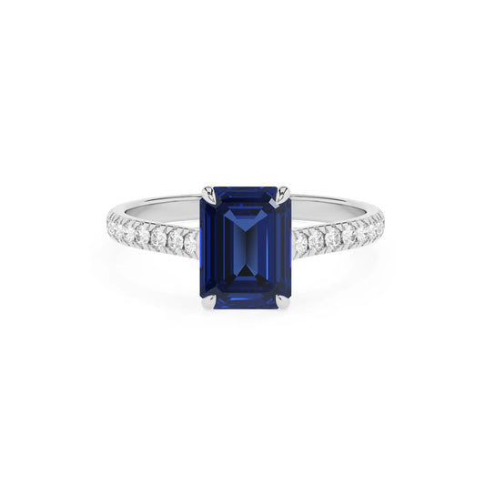 lab grown blue-sapphire emerald cut half eternity solitaire engagement rings in white gold 