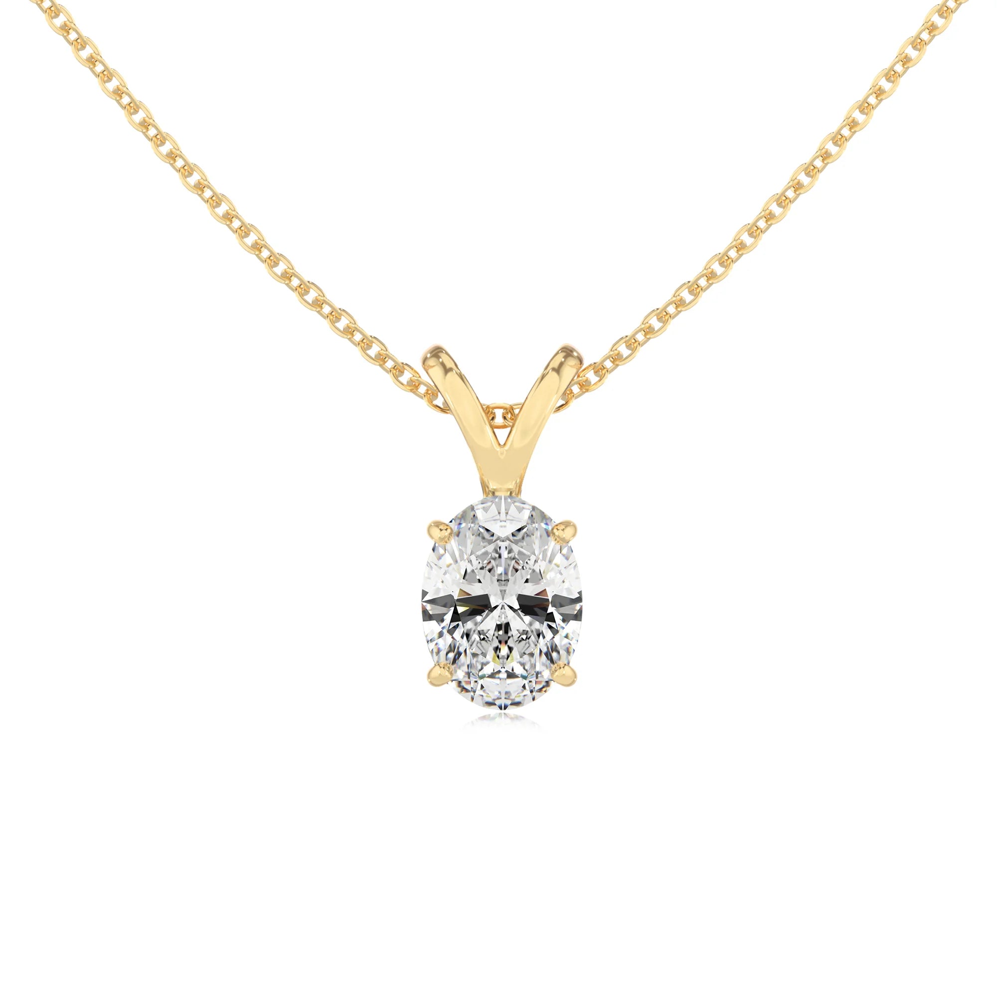 lab grown moissanite oval solitaire v-bale necklaces in yellow gold 