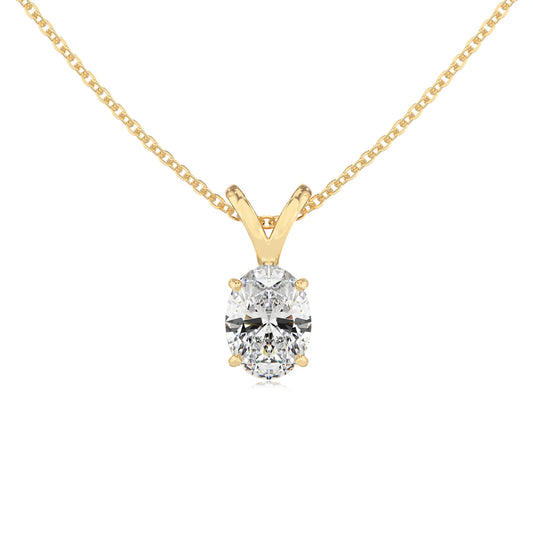 lab grown moissanite oval solitaire v-bale necklaces in yellow gold 