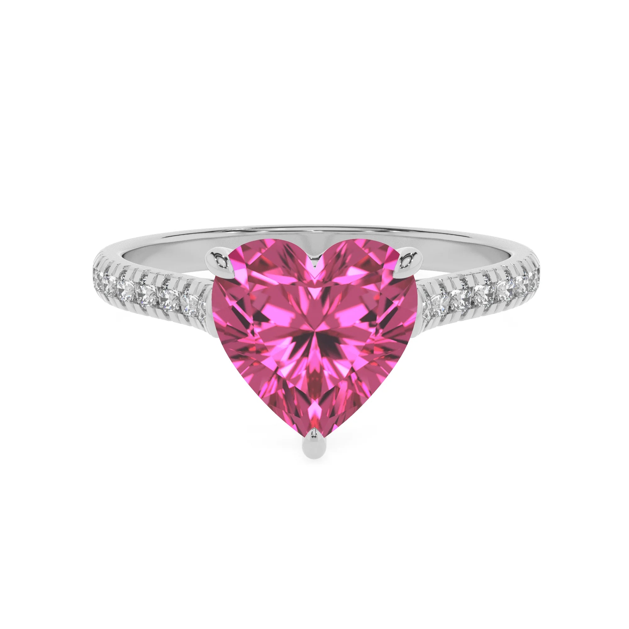 lab grown pink-sapphire heart half eternity solitaire engagement rings in platinum 
