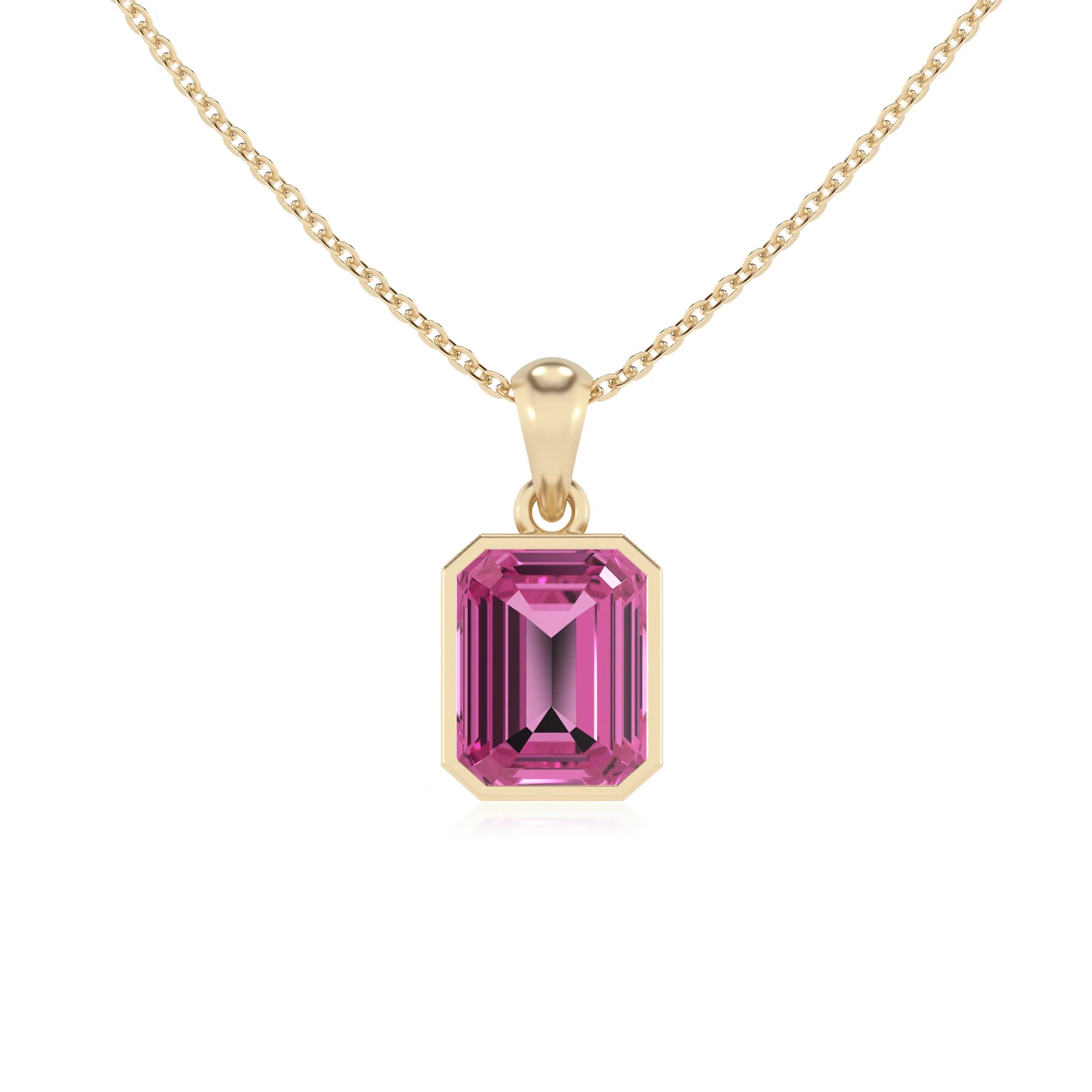lab grown pink-sapphire emerald cut solitaire necklaces in yellow gold 