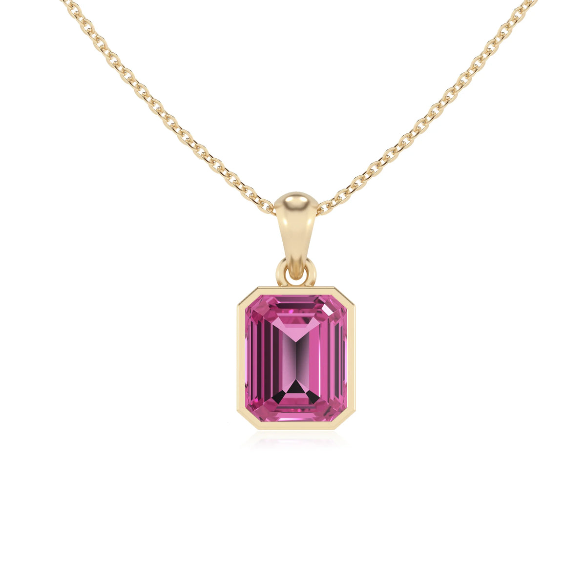 lab grown pink-sapphire emerald cut solitaire necklaces in yellow gold 