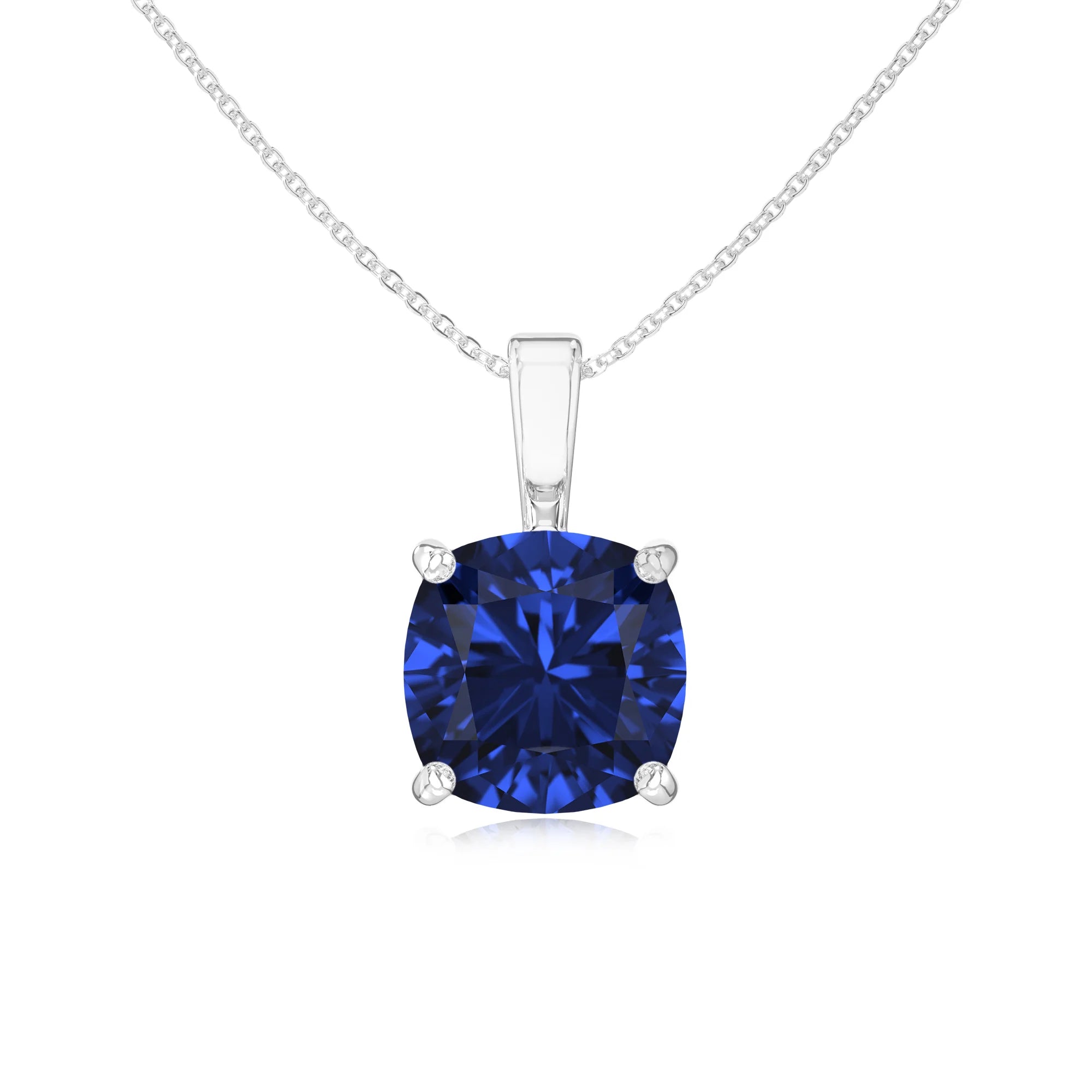 lab grown blue-sapphire cushion solitaire necklaces in platinum 