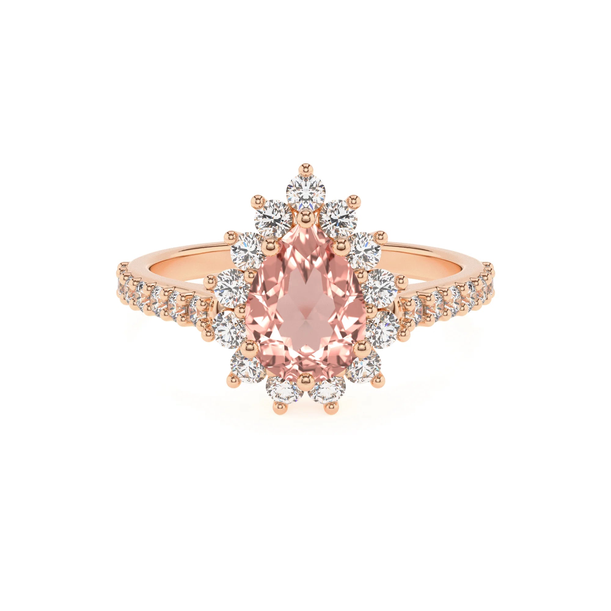 lab grown morganite pear solitaire rings in rose gold 