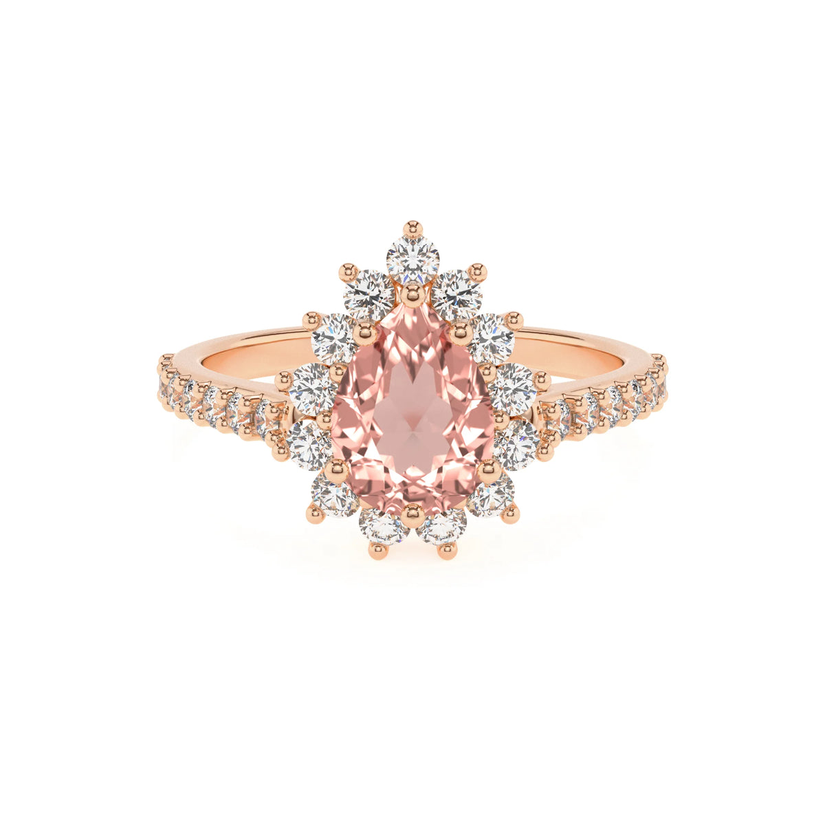 lab grown morganite pear solitaire rings in rose gold 