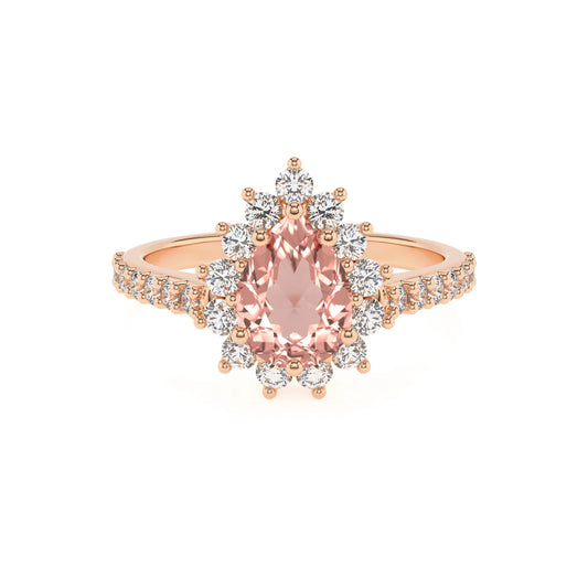 lab grown morganite pear solitaire rings in rose gold 
