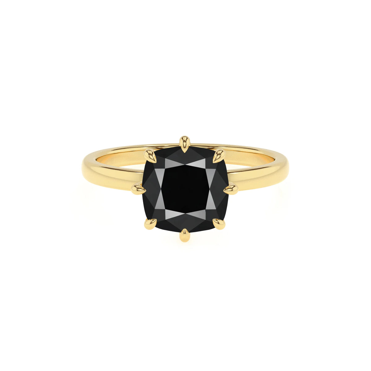 natural black-onyx cushion solitaire rings in yellow gold 