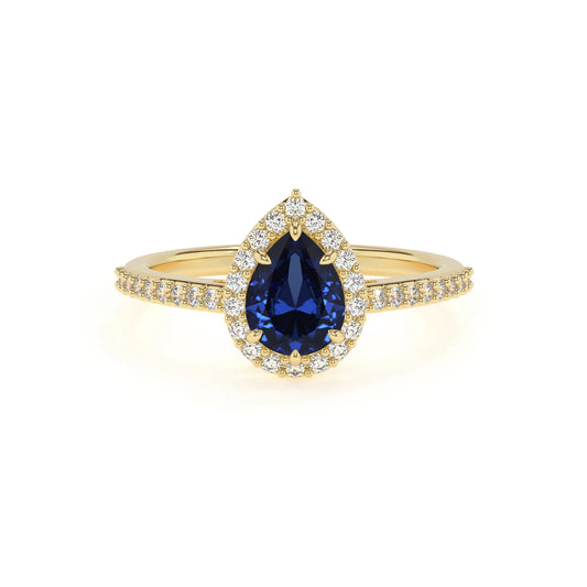 lab grown blue-sapphire pear solitaire rings in yellow gold 