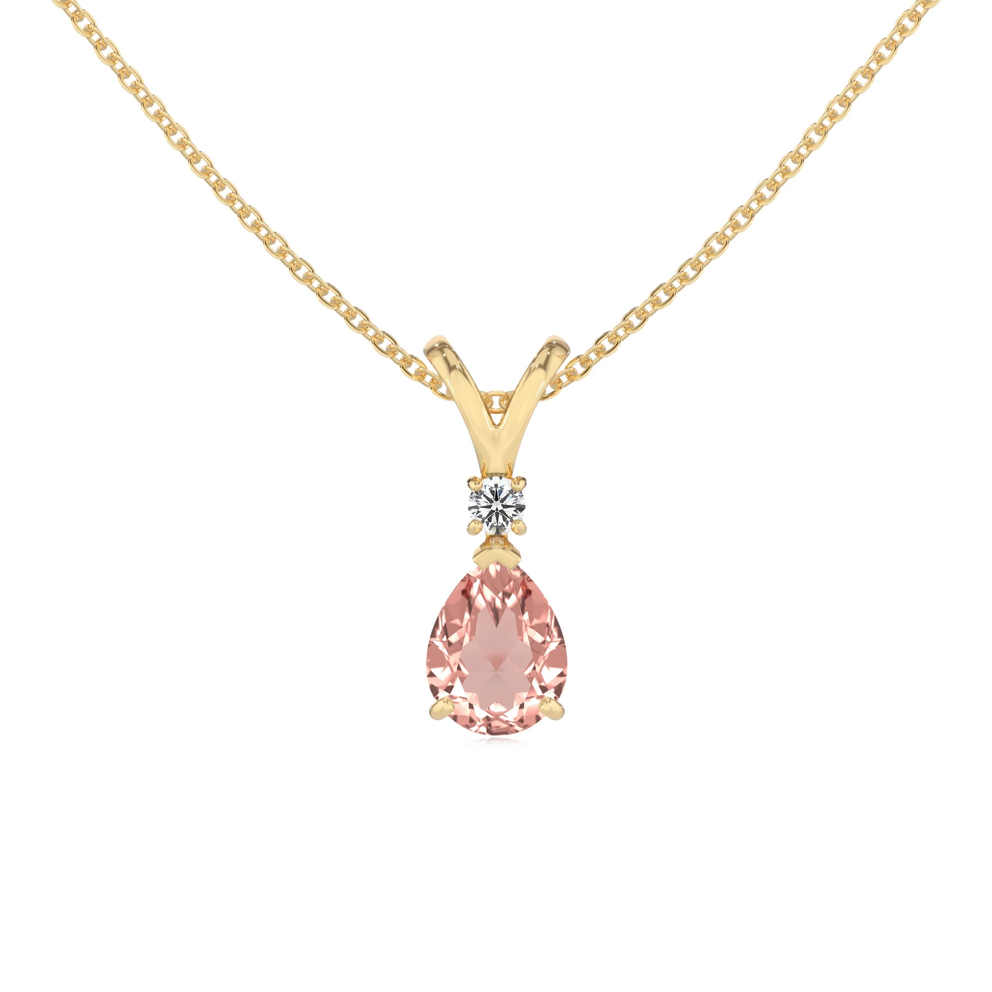 lab grown morganite pear solitaire v-bale necklaces in yellow gold 