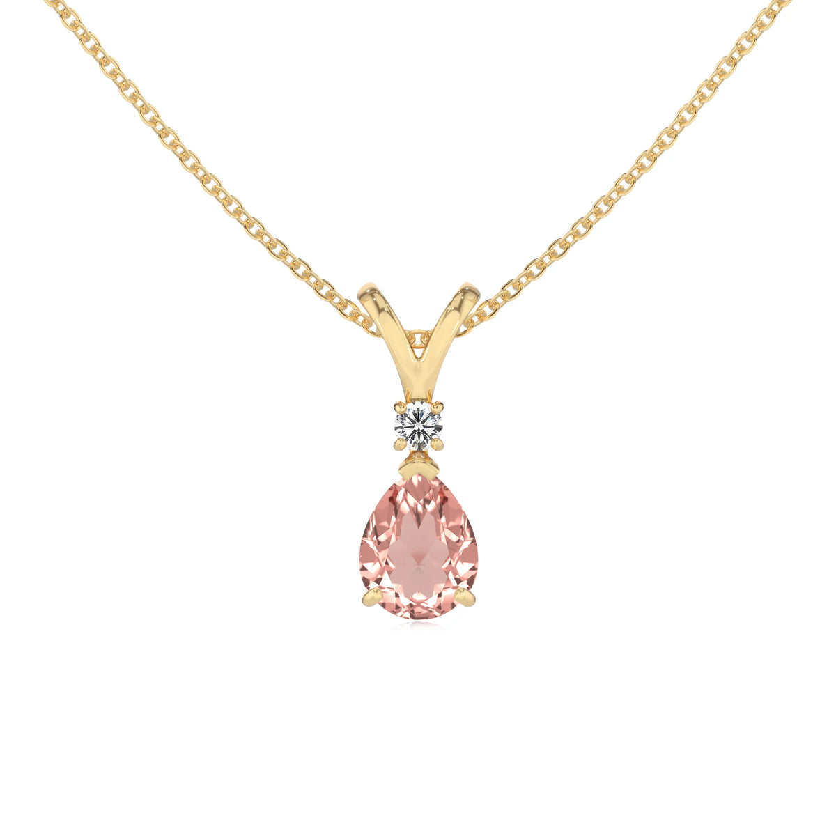 lab grown morganite pear solitaire v-bale necklaces in yellow gold 