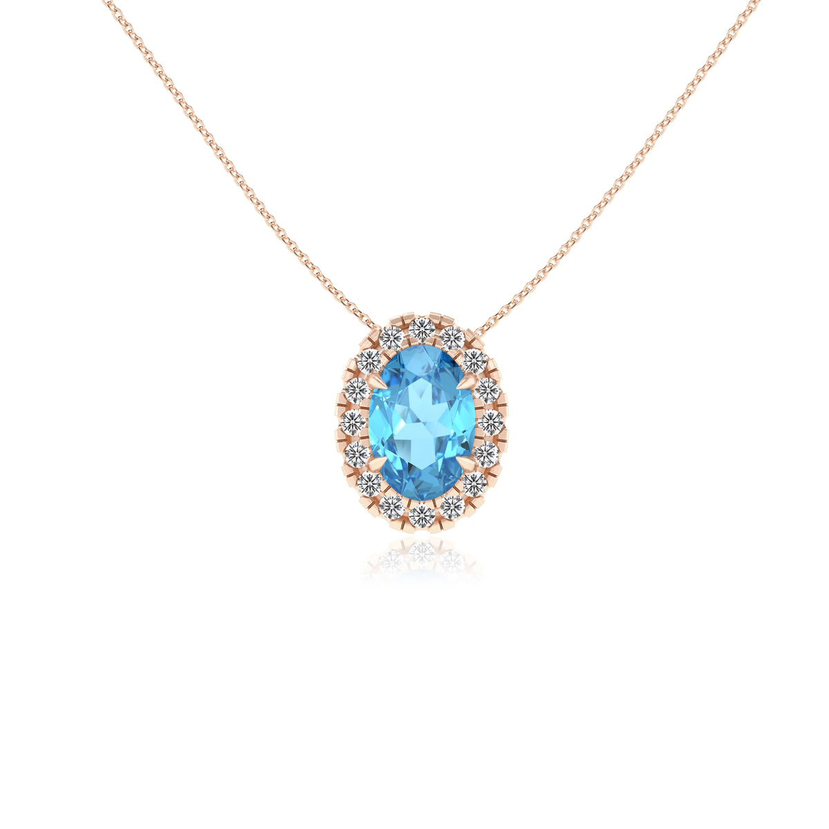 natural swiss blue topaz oval solitaire necklaces in rose gold 