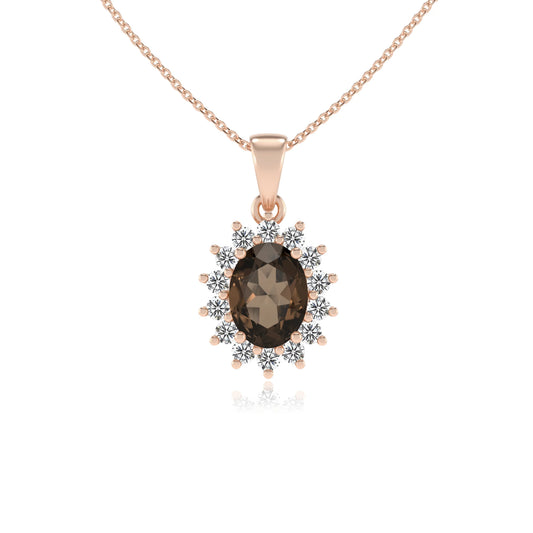 natural smoky-quartz oval halo necklaces in rose gold 