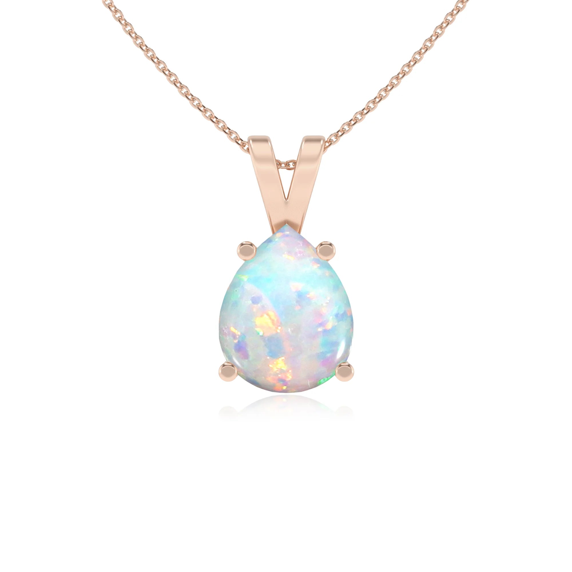 lab grown opal pear solitaire v-bale necklaces in rose gold 
