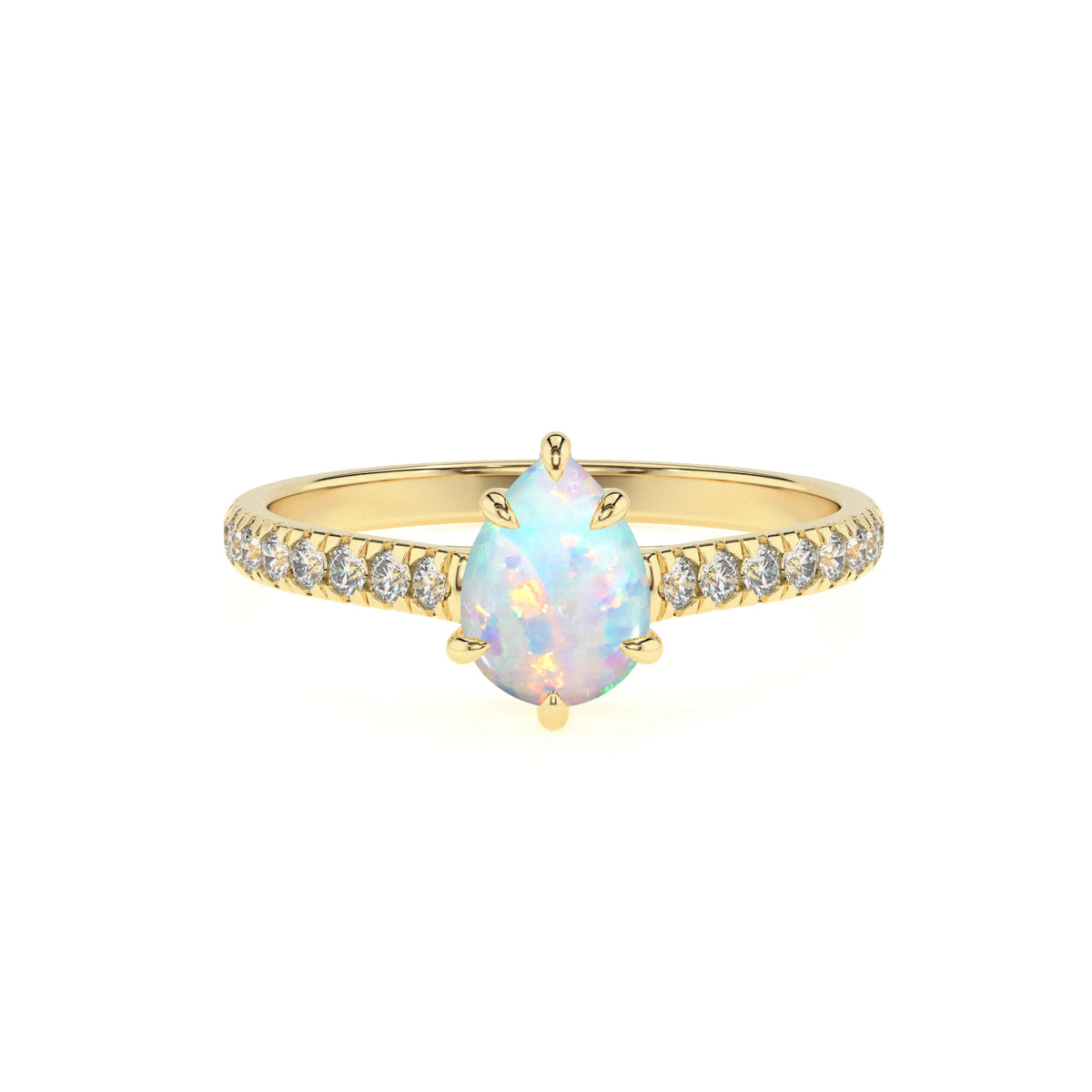 lab grown opal pear half eternity solitaire engagement rings in yellow gold 