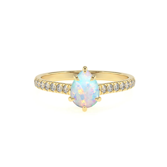 lab grown opal pear half eternity solitaire engagement rings in yellow gold 