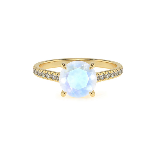 natural rainbow-moonstone round half eternity solitaire engagement rings in yellow gold 