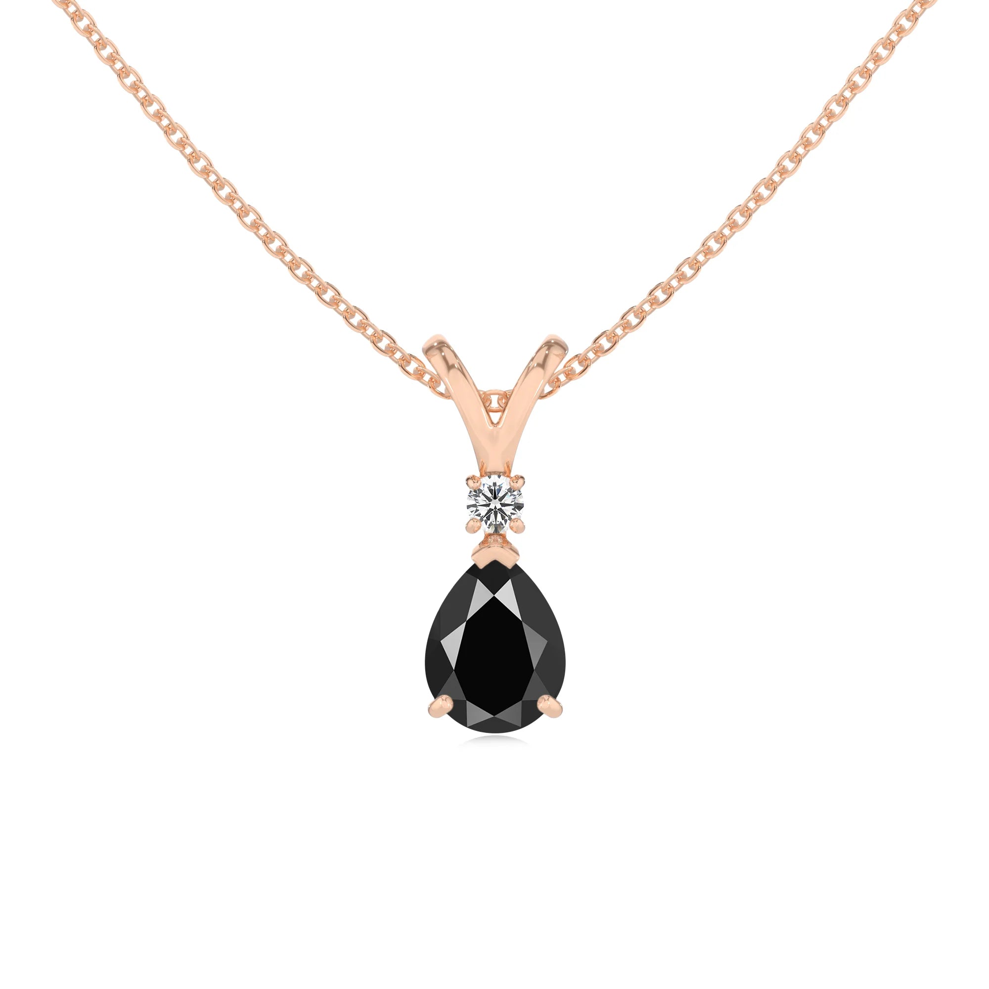natural black-onyx pear solitaire v-bale necklaces in rose gold 