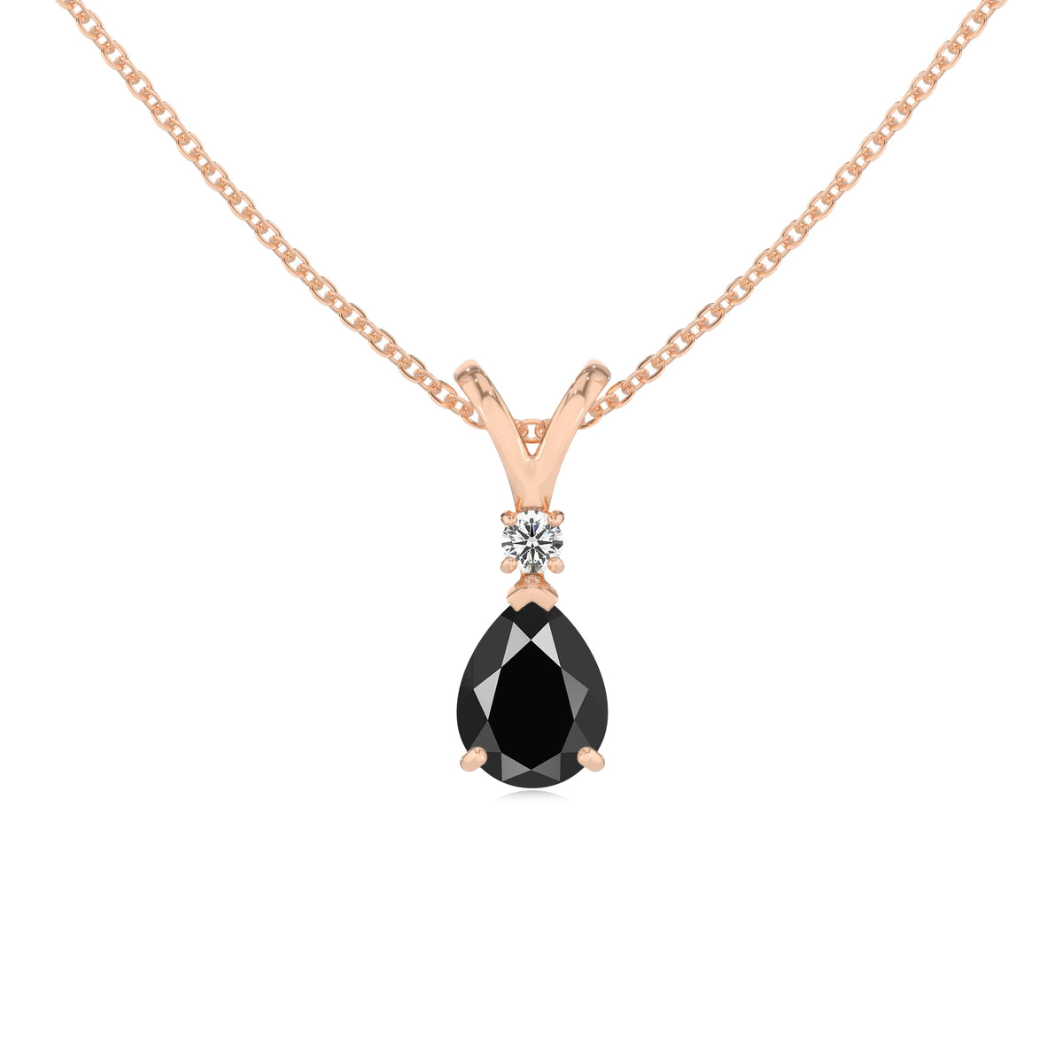 natural black-onyx pear solitaire v-bale necklaces in rose gold 