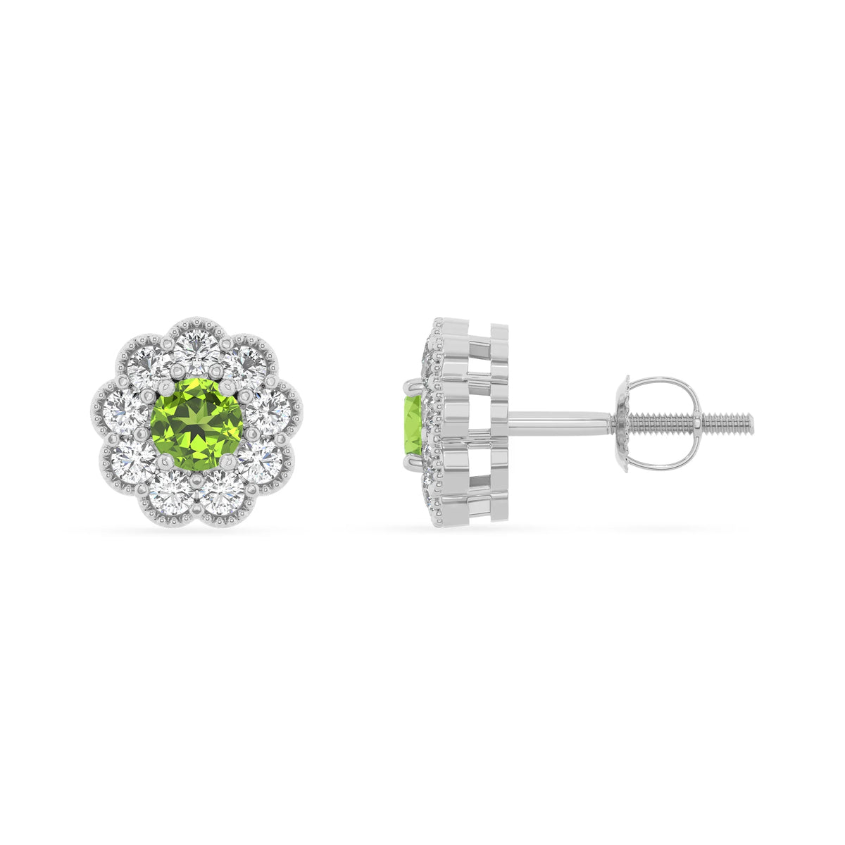 natural peridot round stud earrings in platinum 