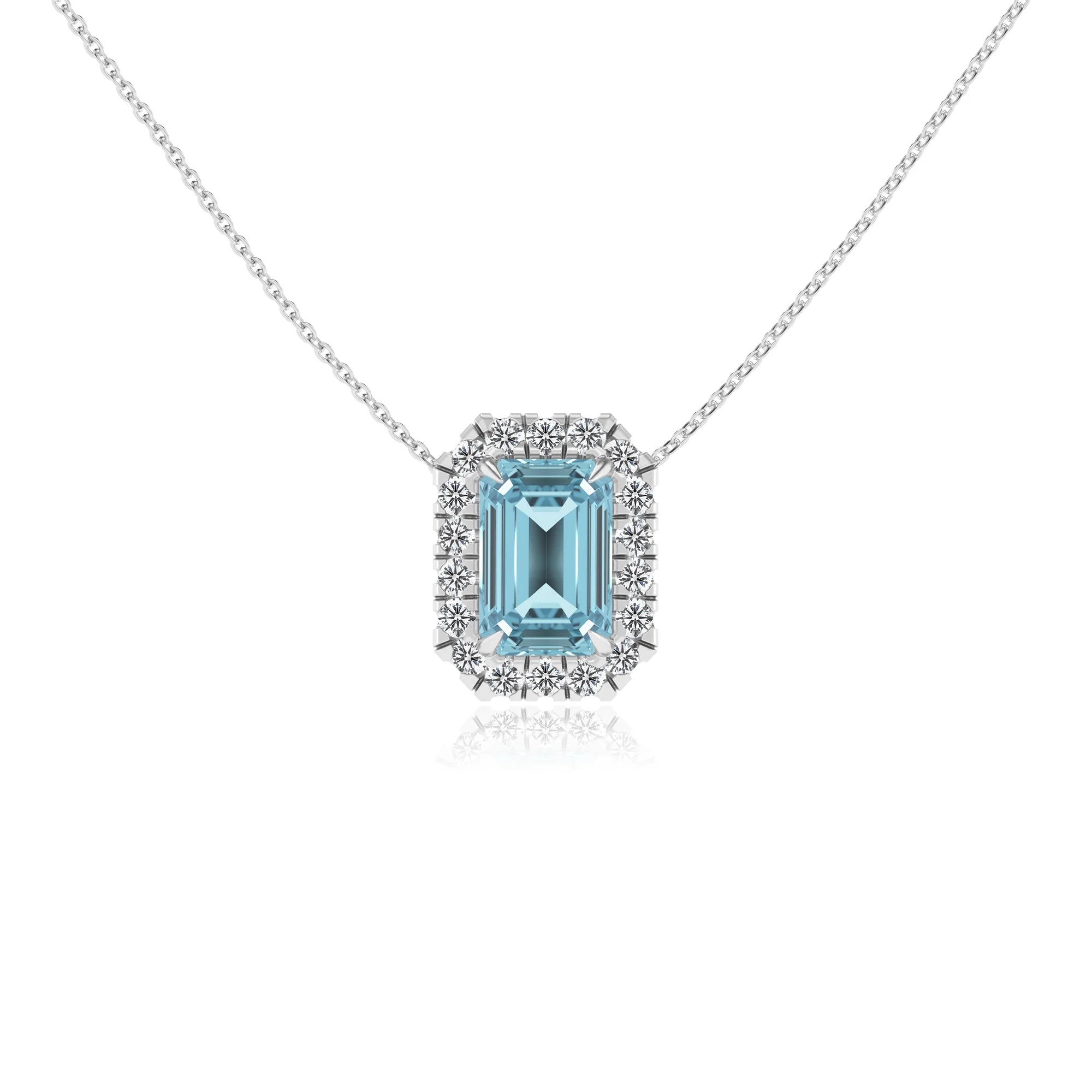 lab grown aquamarine emerald cut solitaire necklaces in white gold 