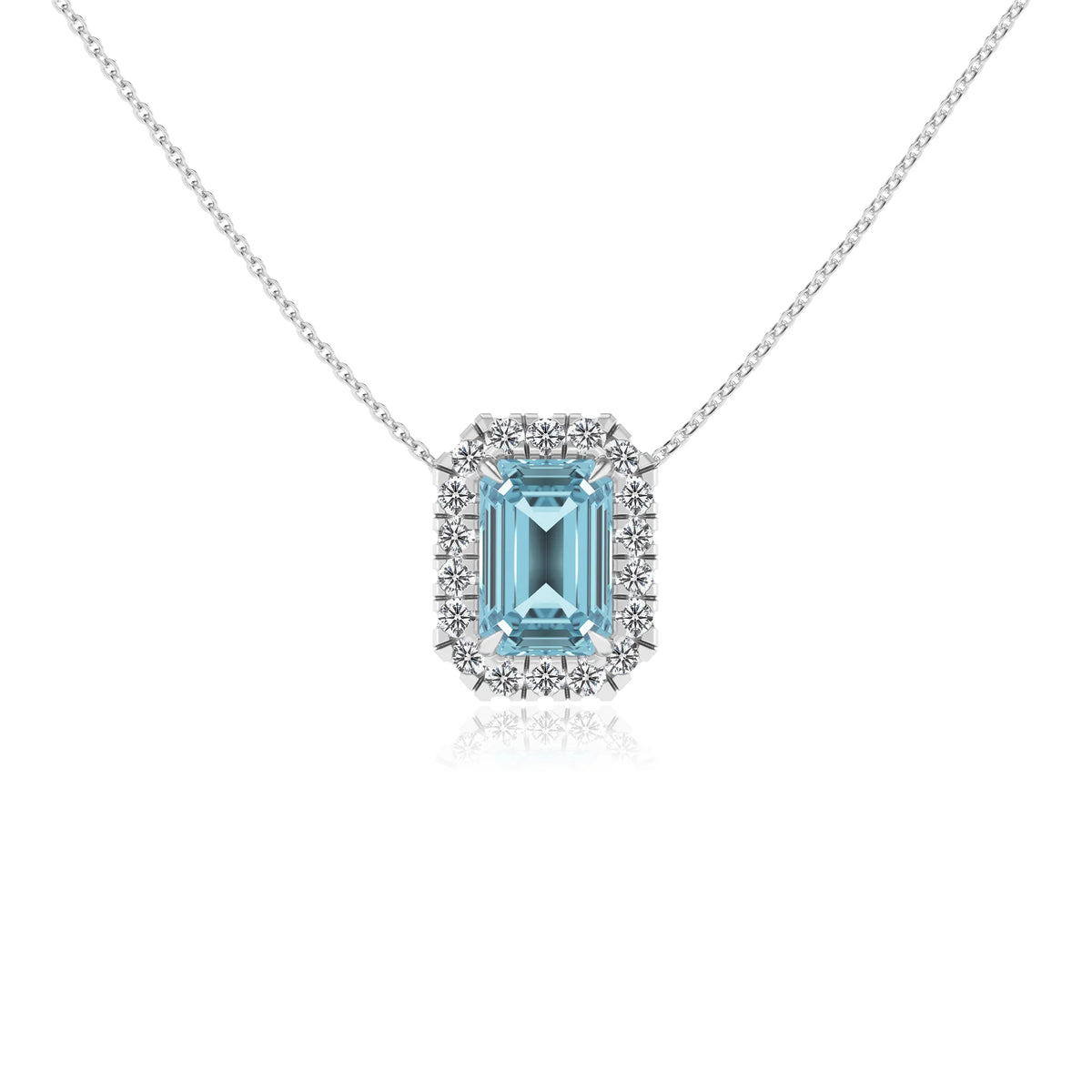 lab grown aquamarine emerald cut solitaire necklaces in white gold 