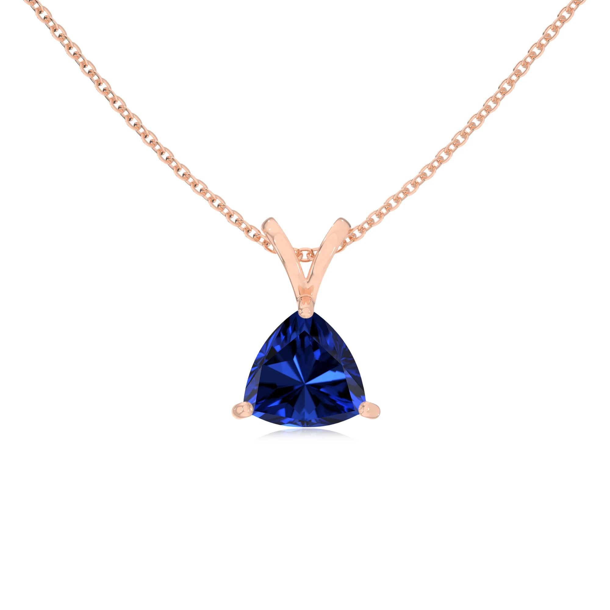 lab grown blue-sapphire trillion solitaire v-bale necklaces in rose gold 