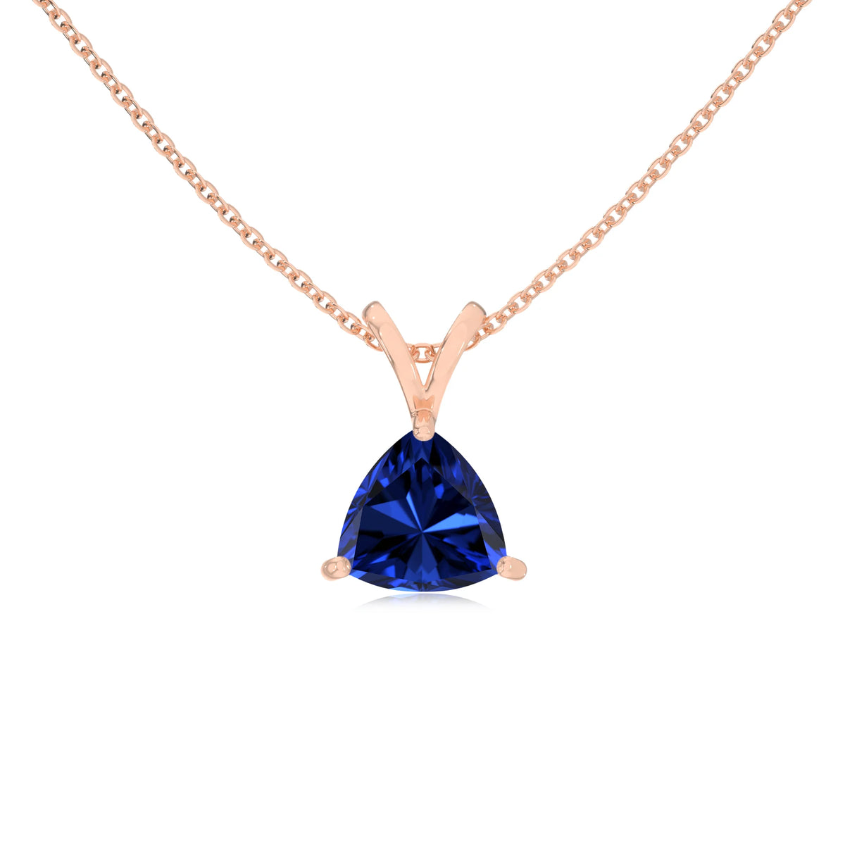 lab grown blue-sapphire trillion solitaire v-bale necklaces in rose gold 