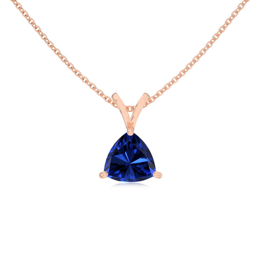 lab grown blue-sapphire trillion solitaire v-bale necklaces in rose gold 
