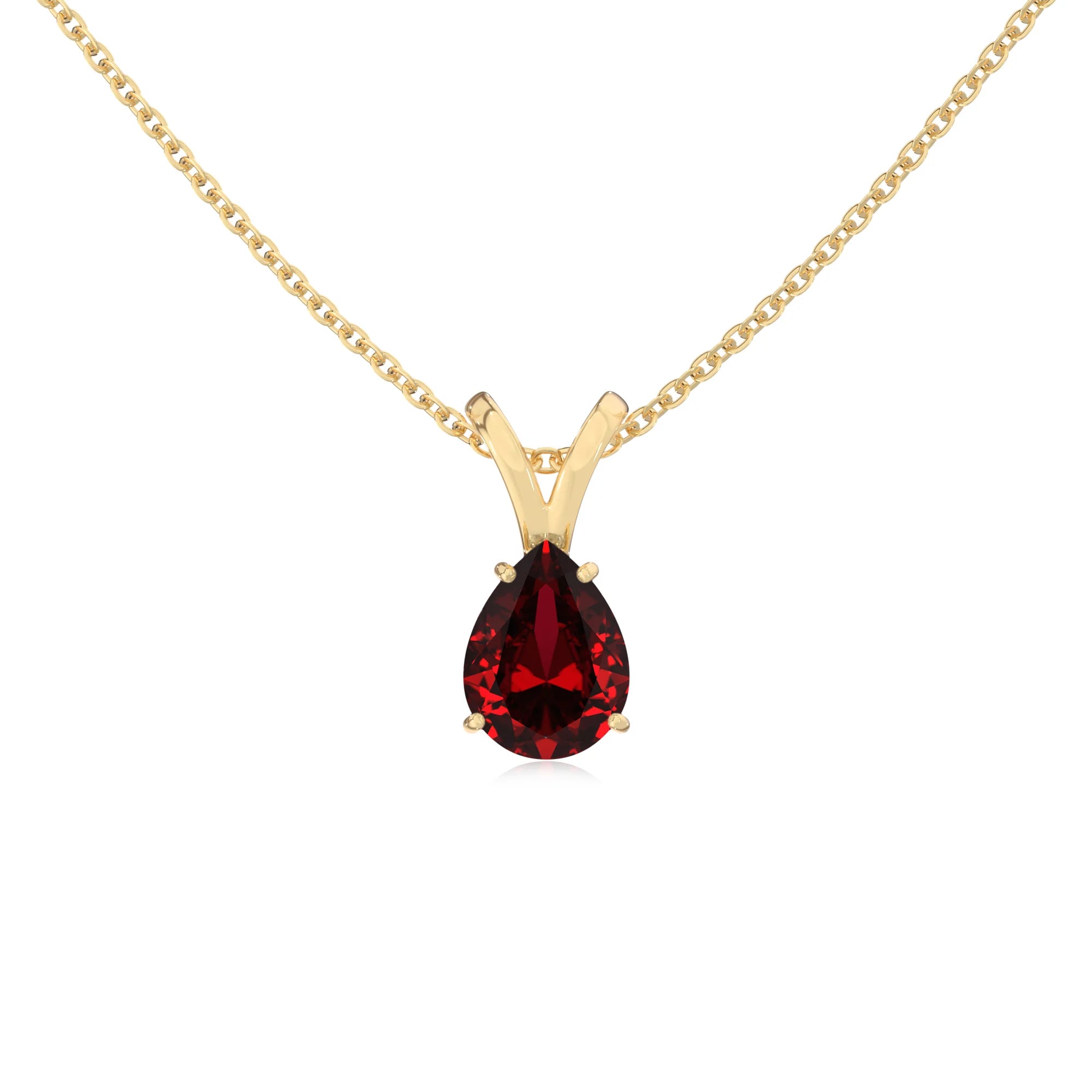 lab grown ruby pear solitaire v-bale necklaces in yellow gold 