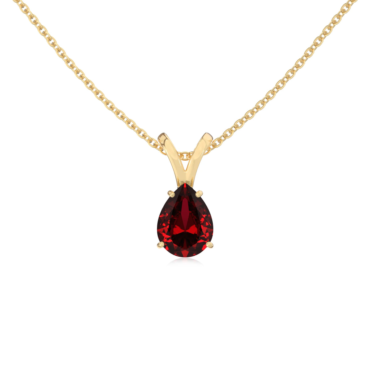 lab grown ruby pear solitaire v-bale necklaces in yellow gold 