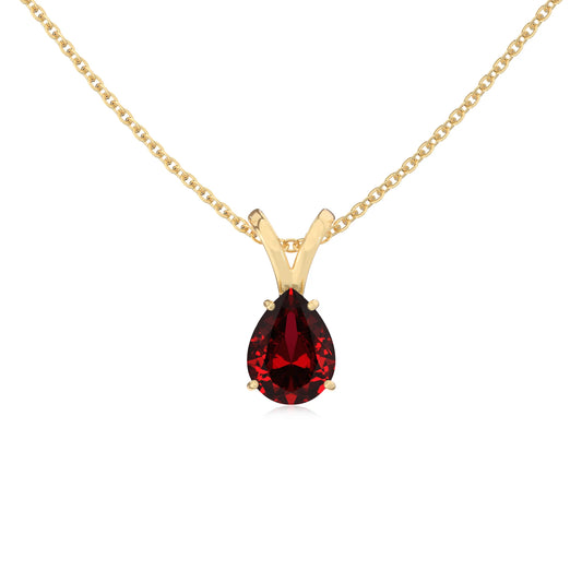 lab grown ruby pear solitaire v-bale necklaces in yellow gold 