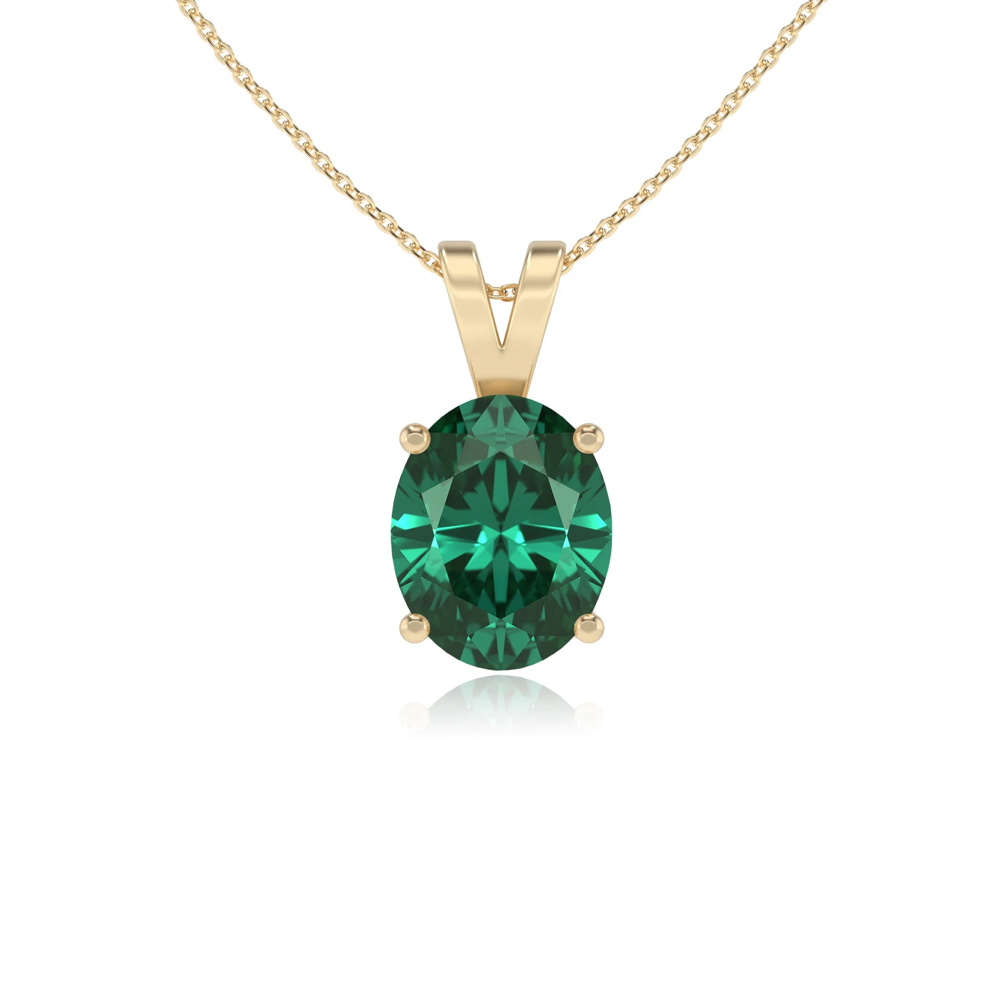 lab grown emerald oval solitaire v-bale necklaces in yellow gold 