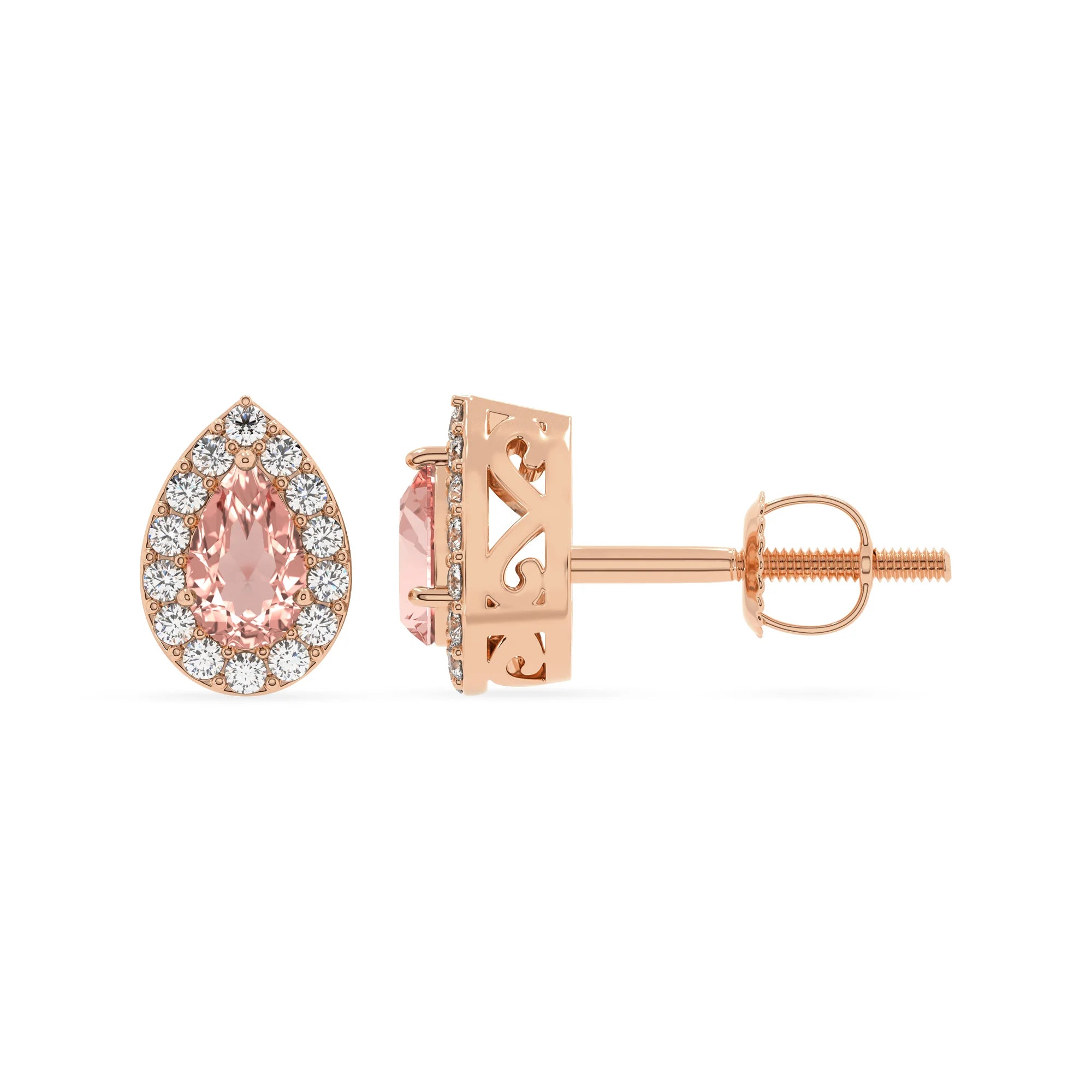 lab grown morganite pear stud earrings in rose gold 