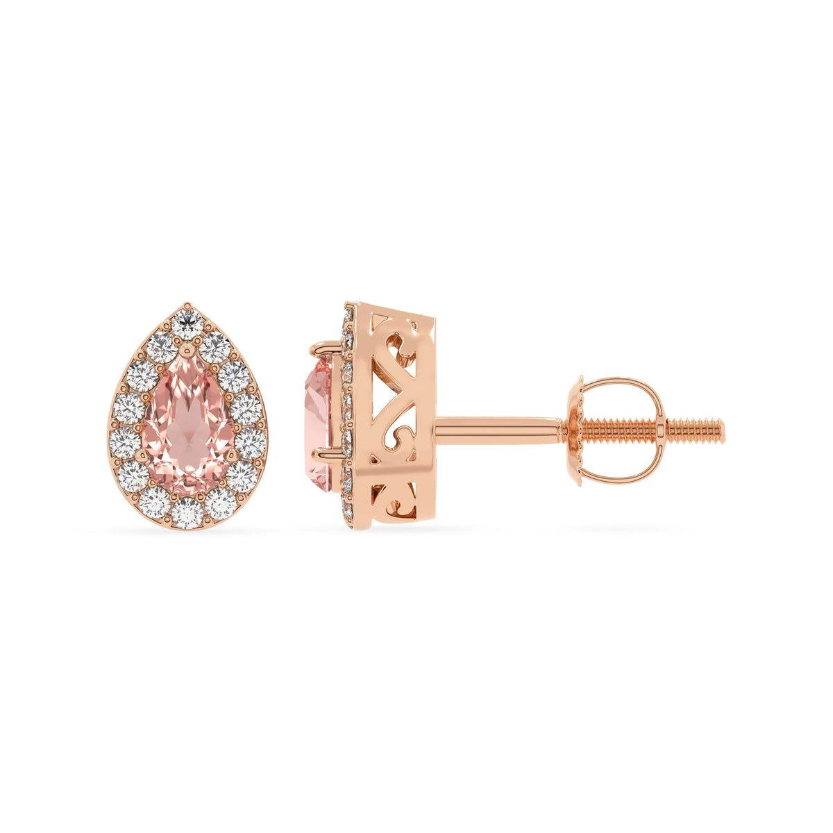 lab grown morganite pear stud earrings in rose gold 