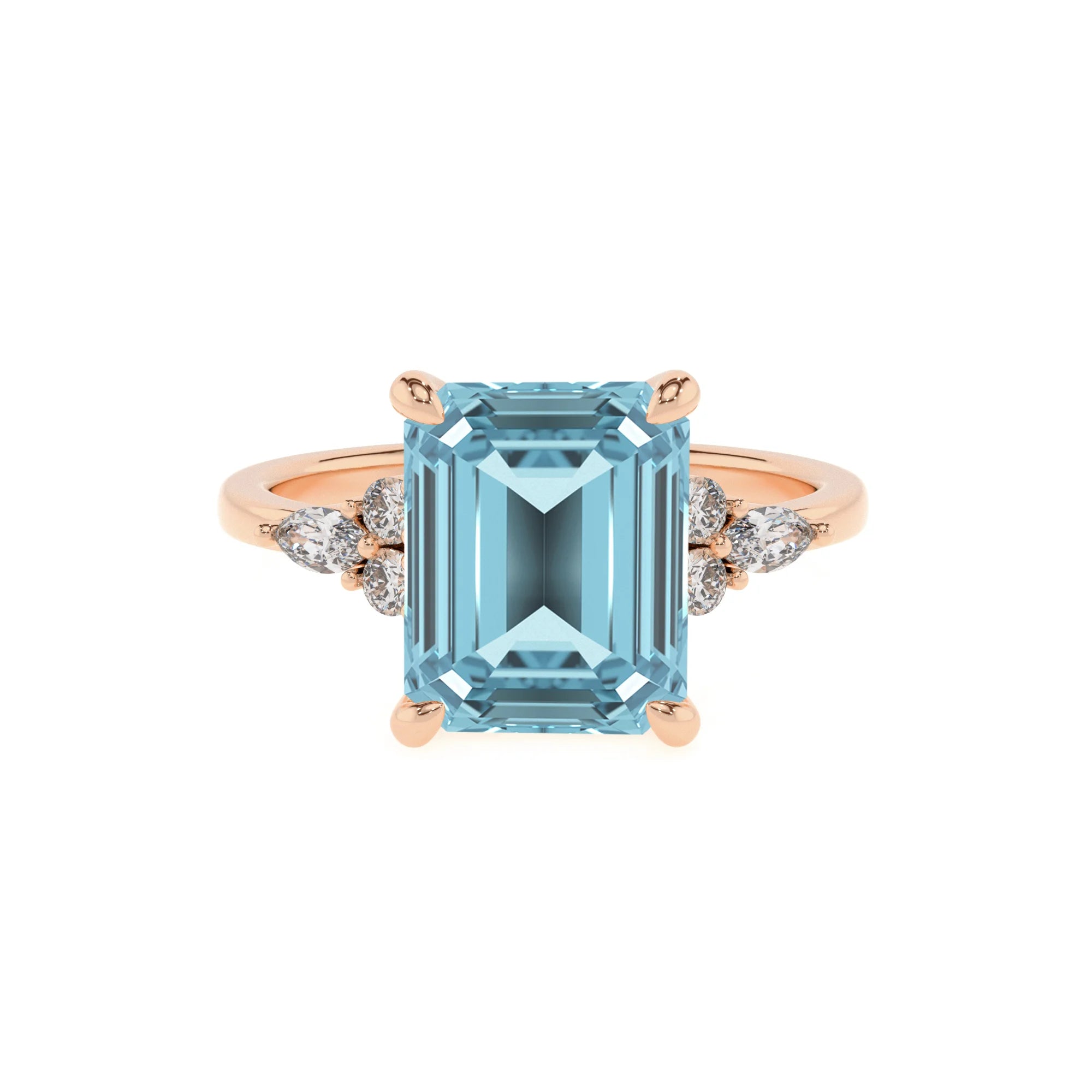 lab grown aquamarine emerald cut solitaire rings in rose gold 