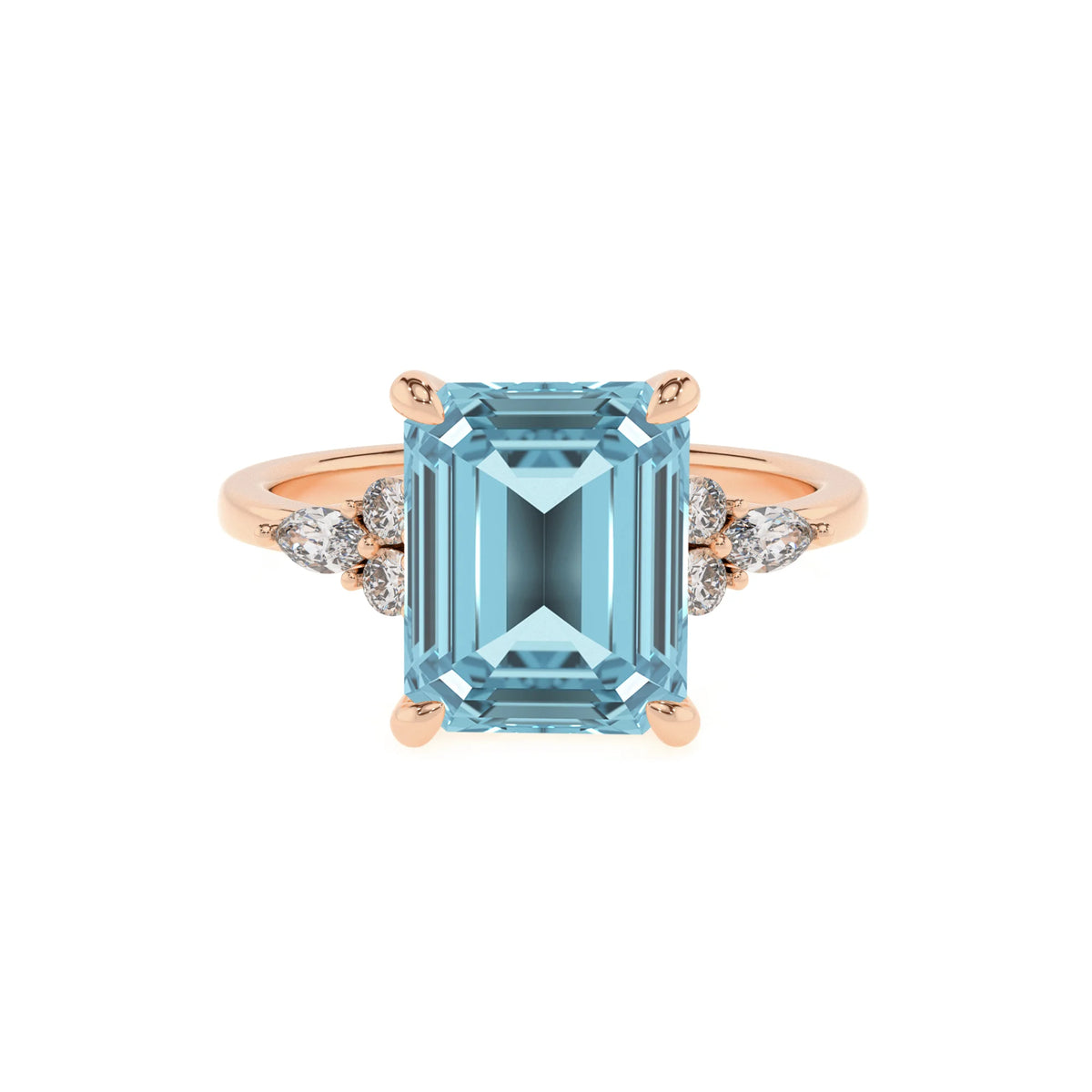 lab grown aquamarine emerald cut solitaire rings in rose gold 