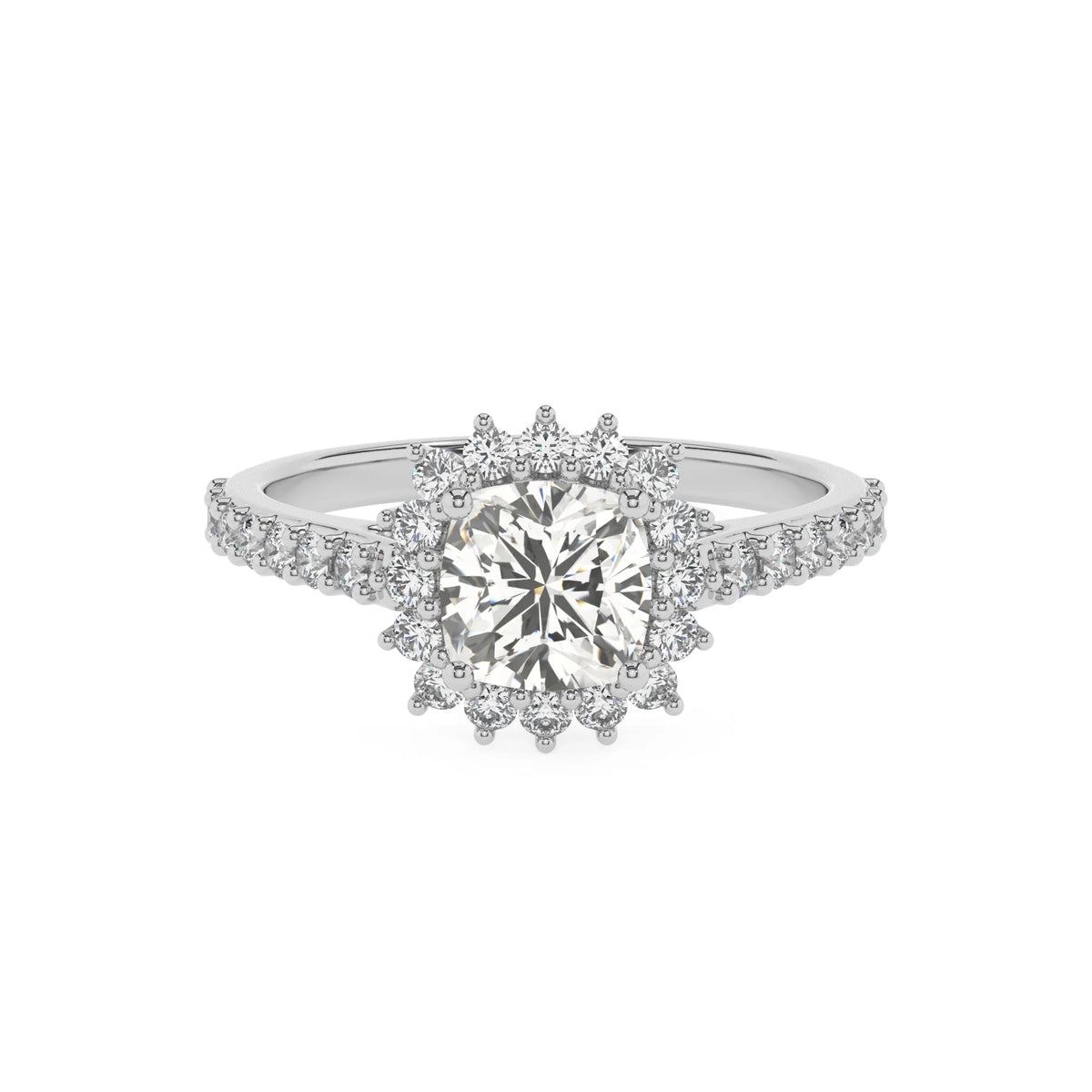 lab grown moissanite cushion solitaire rings in platinum 