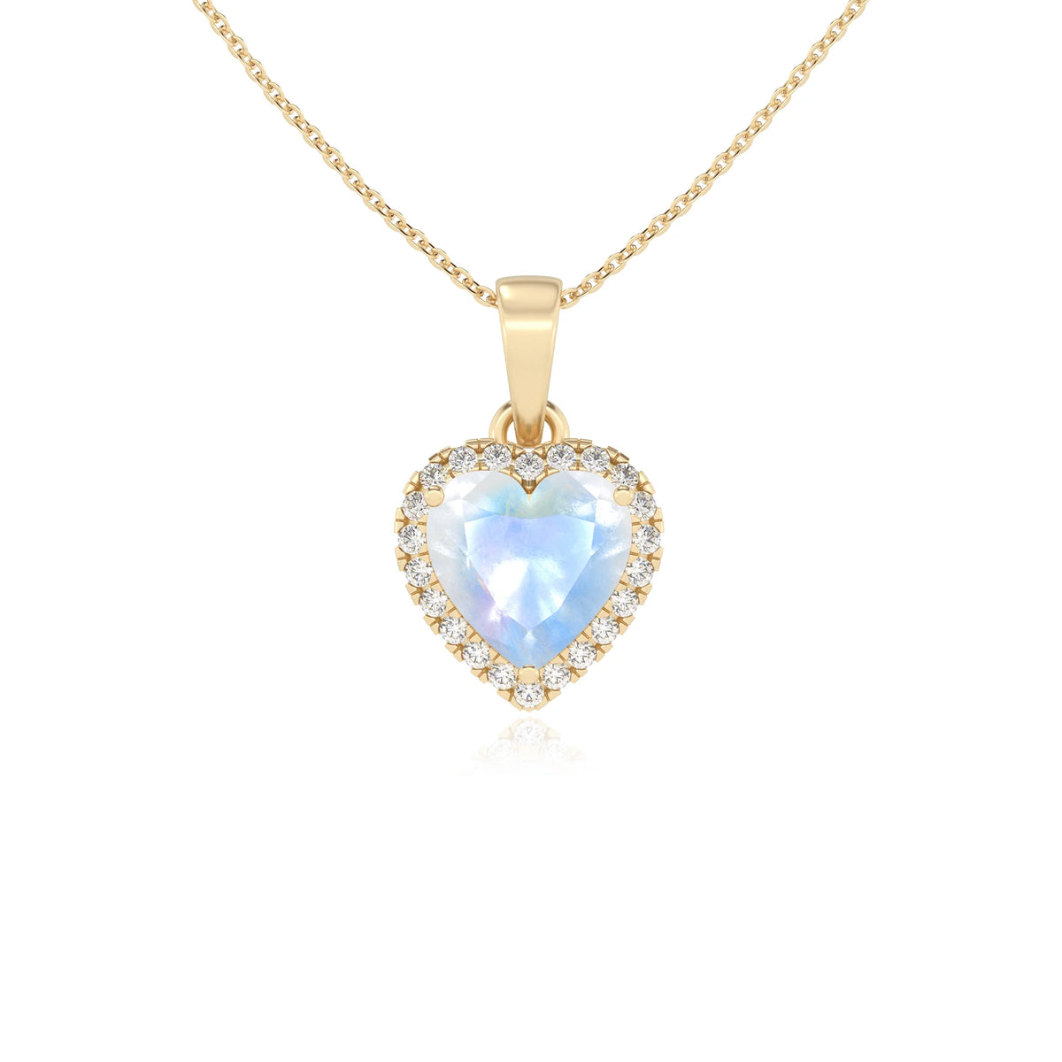 natural rainbow-moonstone heart solitaire necklaces in yellow gold 