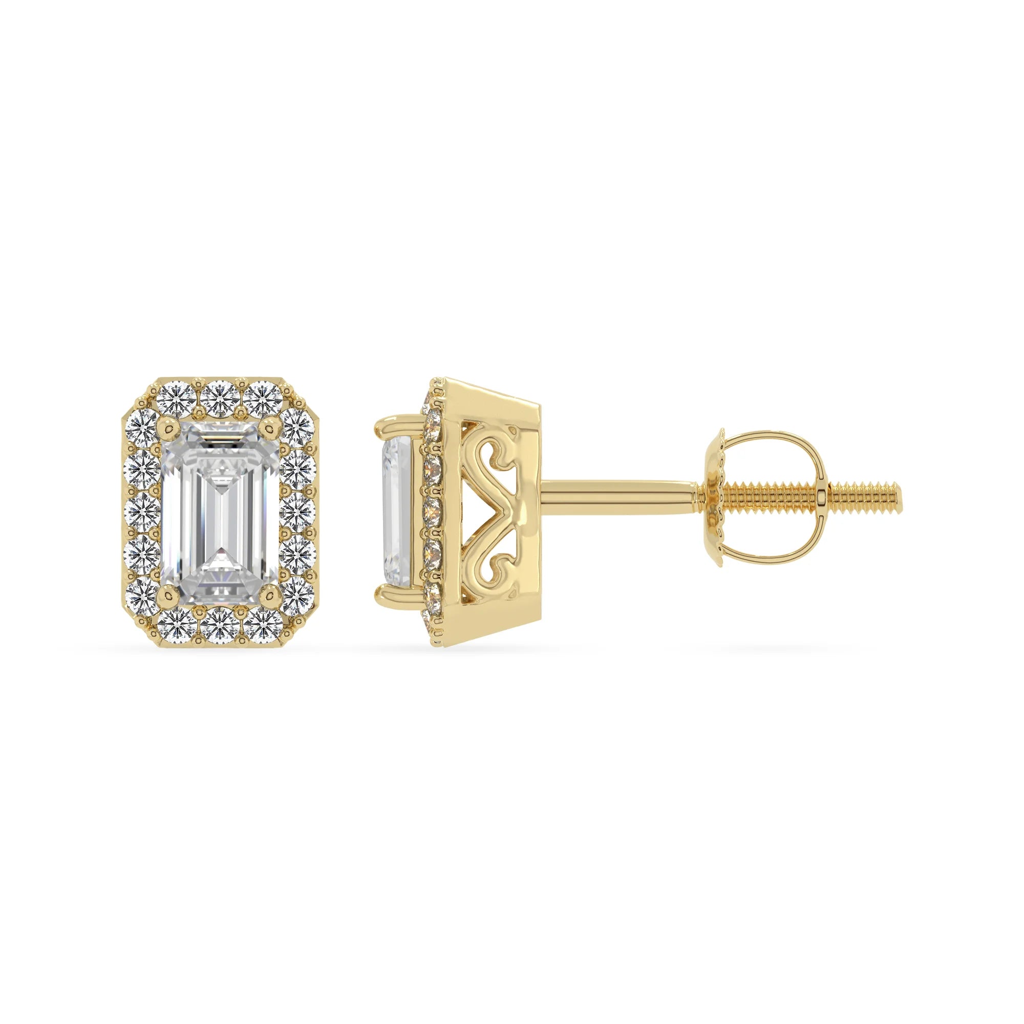 lab grown moissanite emerald cut stud earrings in yellow gold 